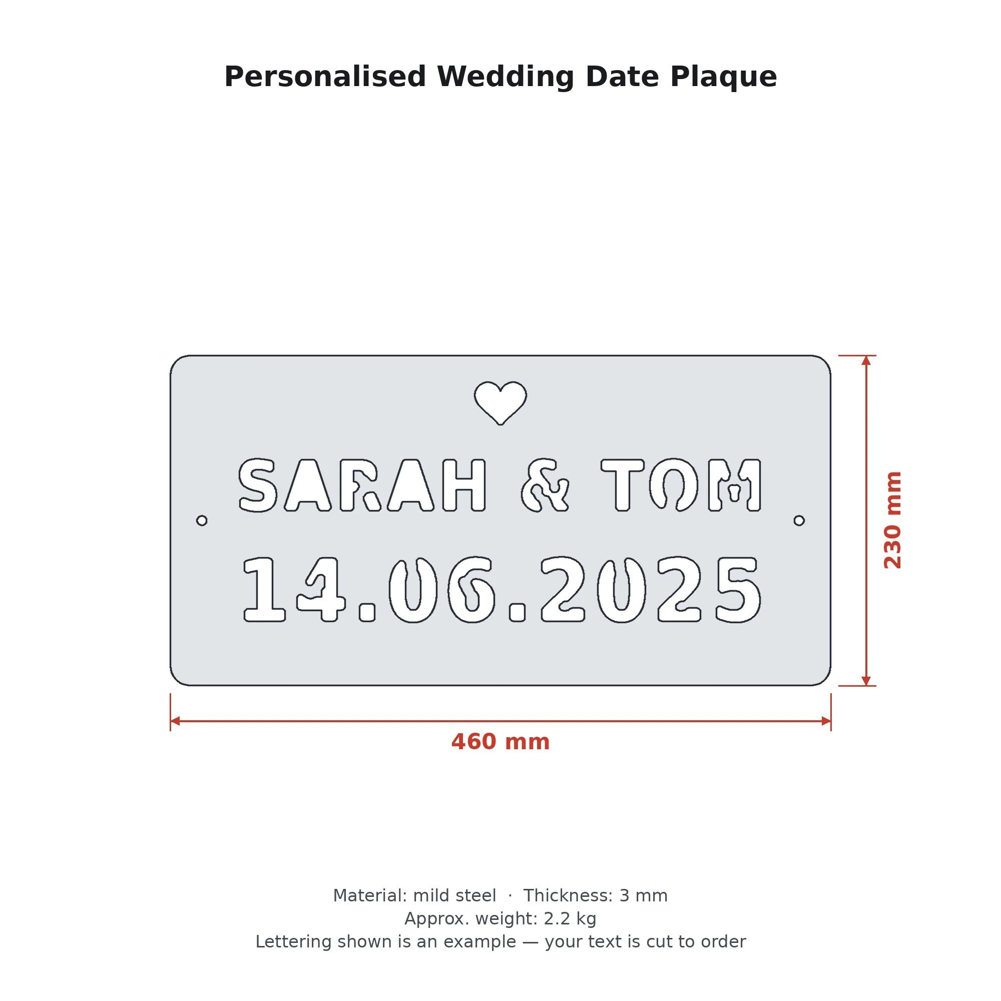 Dimension drawing of the Personalised Wedding Date Plaque with sizes in millimetres