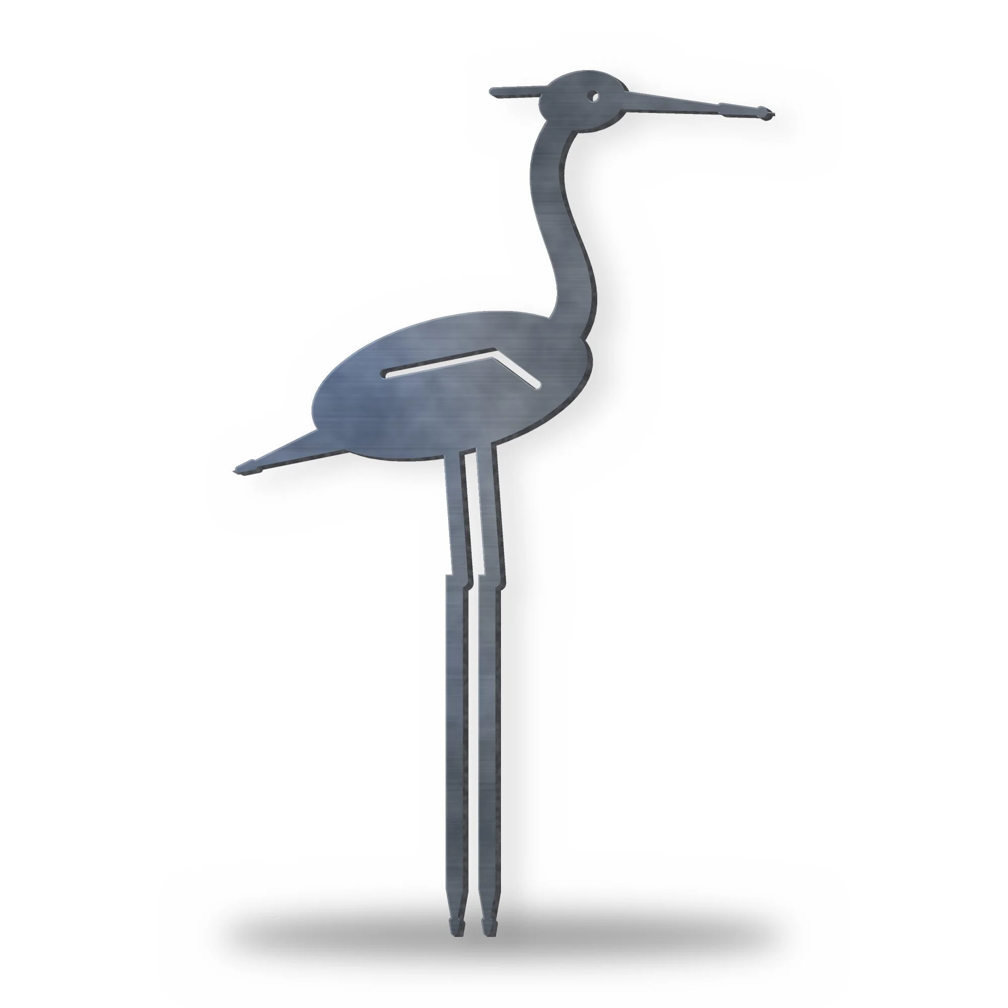 Heron Metal Garden Stake in raw mild steel – plasma-cut 3 mm steel, studio photo on white
