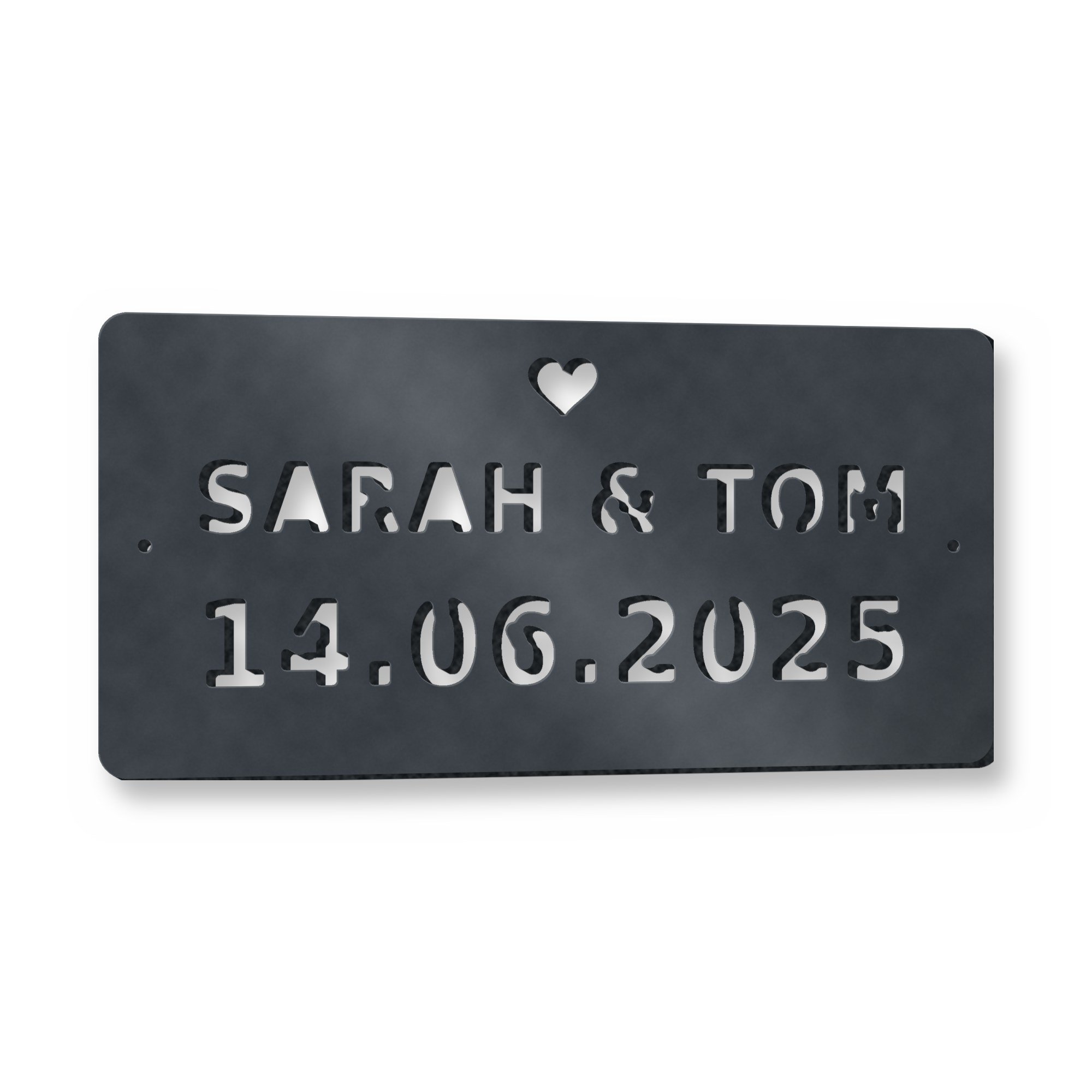 Personalised Wedding Date Plaque in anthracite grey – plasma-cut 3 mm steel, studio photo on white