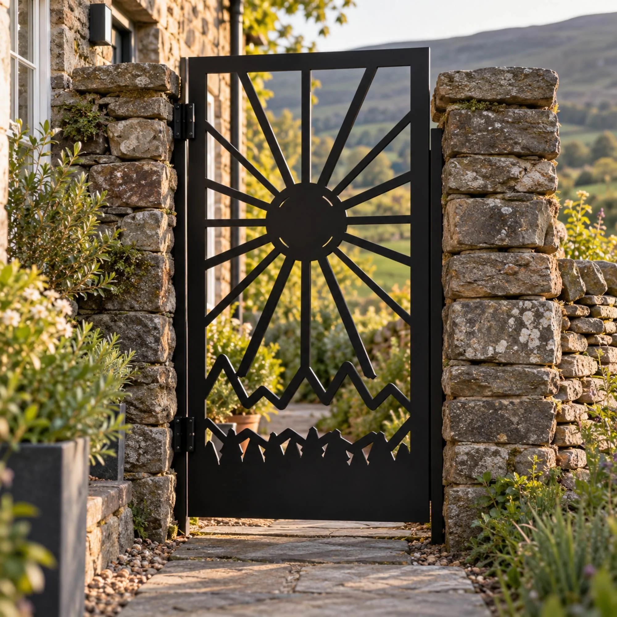 Fellside Metal Side Gate in satin black, hung between drystone piers at the side of a stone cottage with a flagged path and hills in the distance, soft evening light