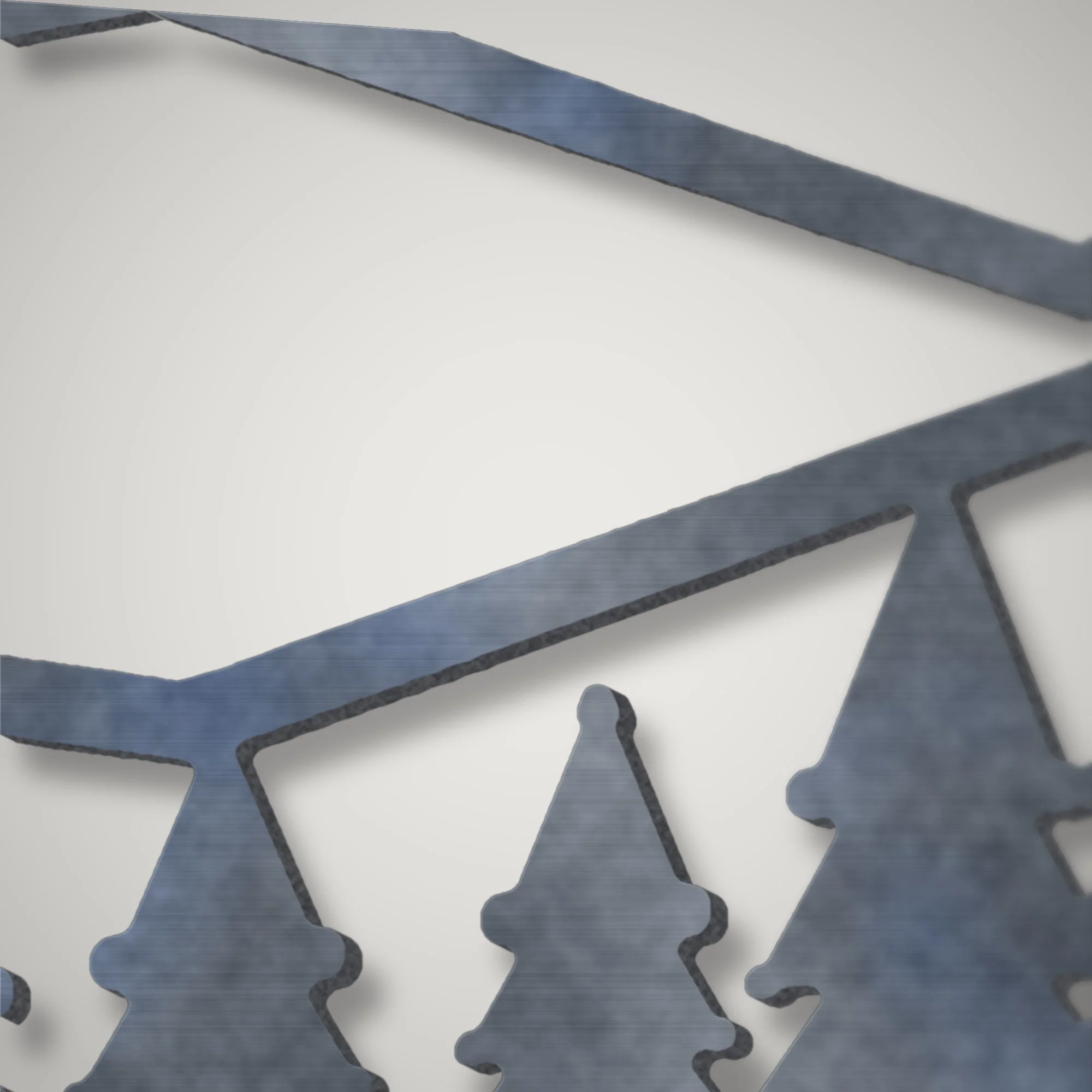 Close-up of plasma-cut pine trees and ridge lines showing the cut edge of 3 mm mild steel