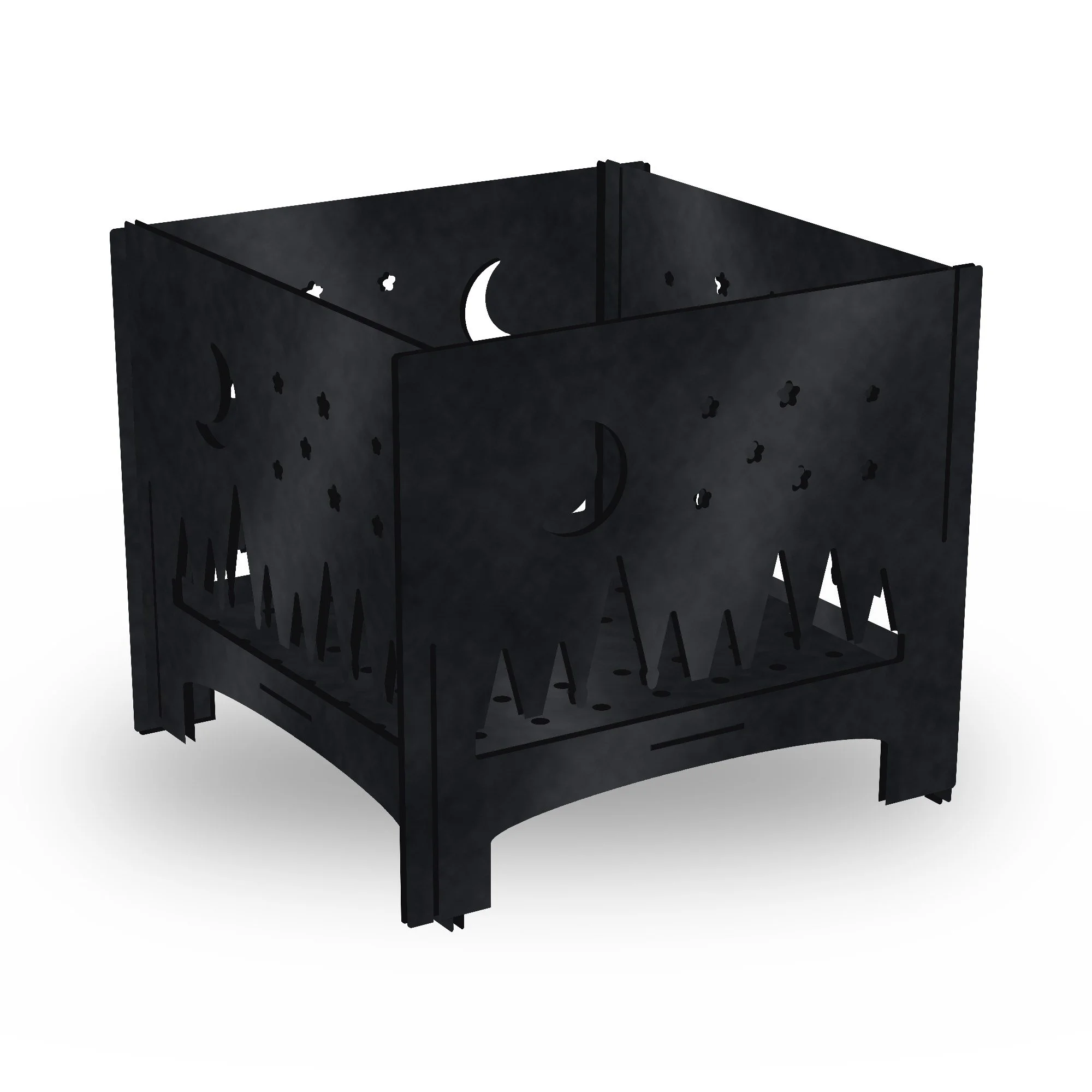 Starfall Slot-Together Fire Pit in high heat black – plasma-cut 4 mm steel, studio photo on white