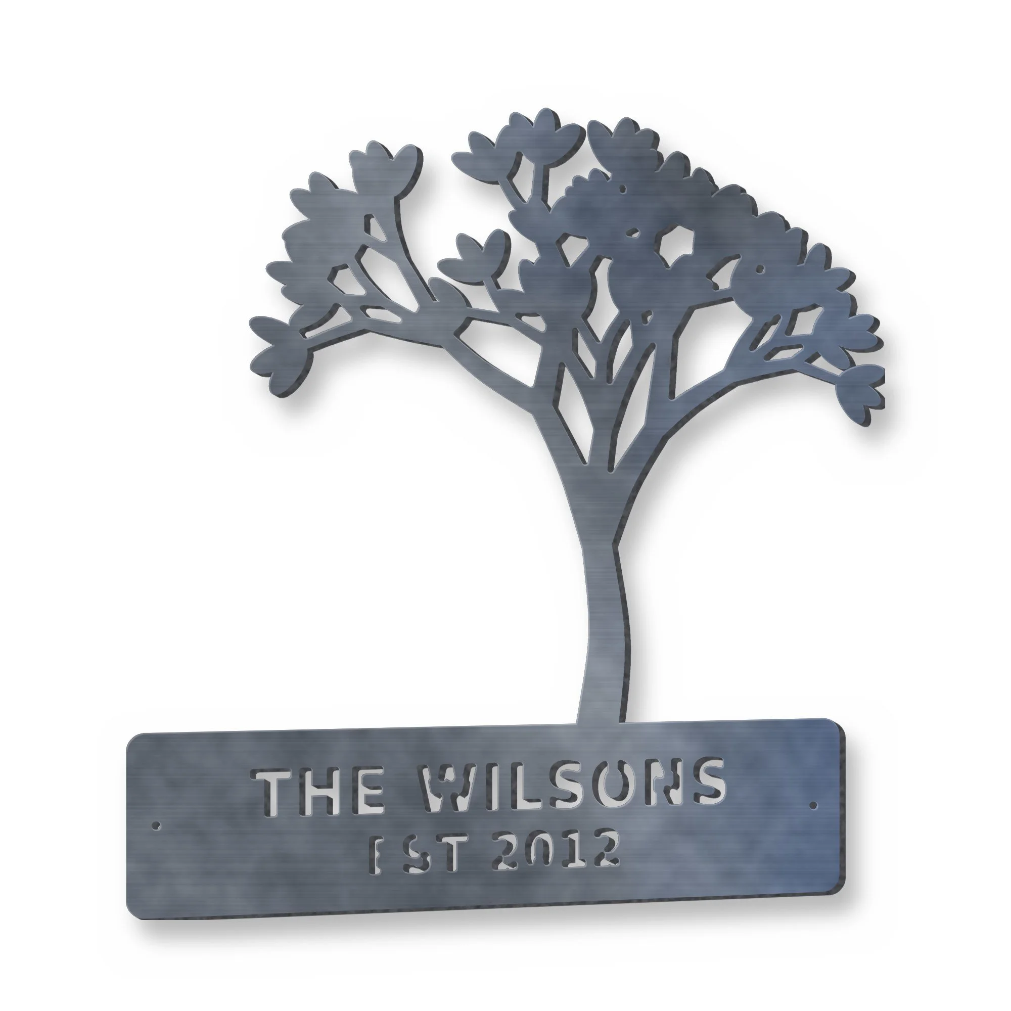 Personalised Family Name Tree in raw mild steel – plasma-cut 3 mm steel, studio photo on white