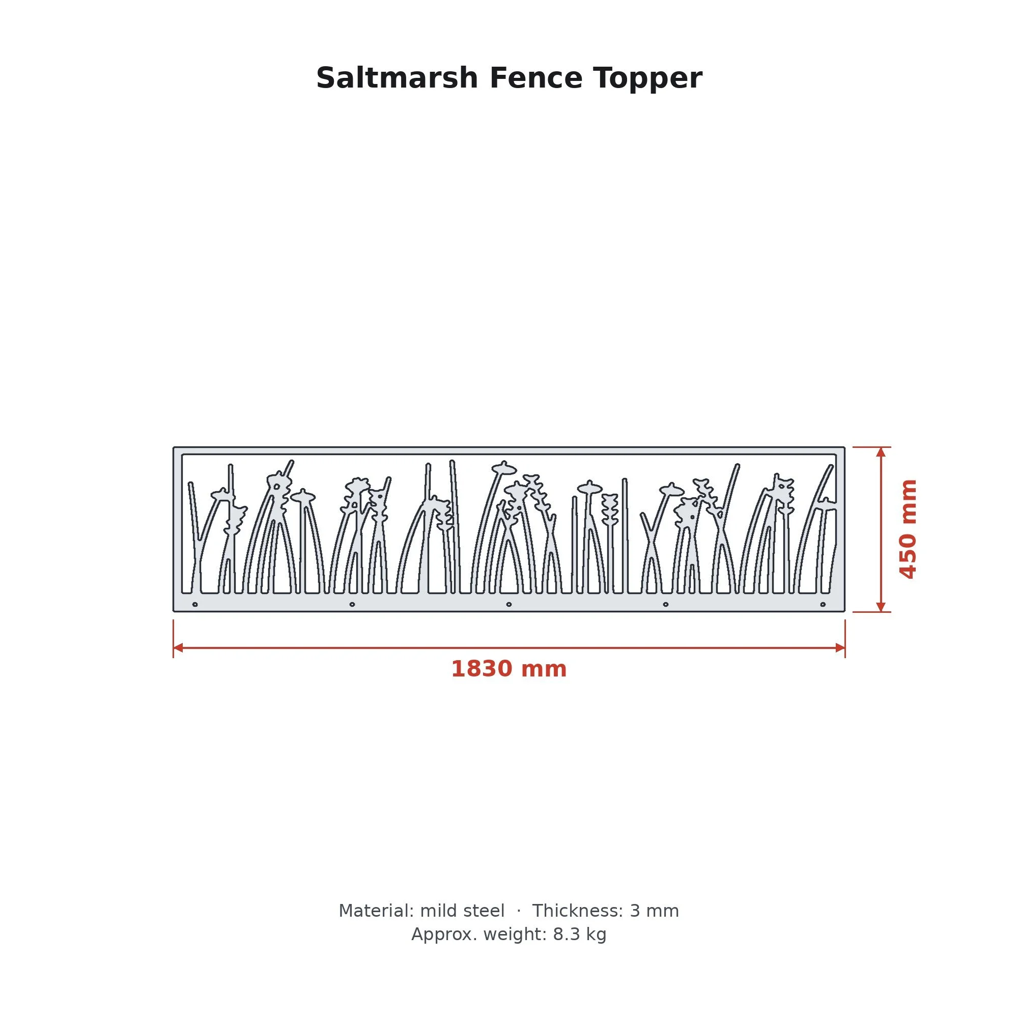 Dimension drawing of the Saltmarsh Fence Topper with sizes in millimetres