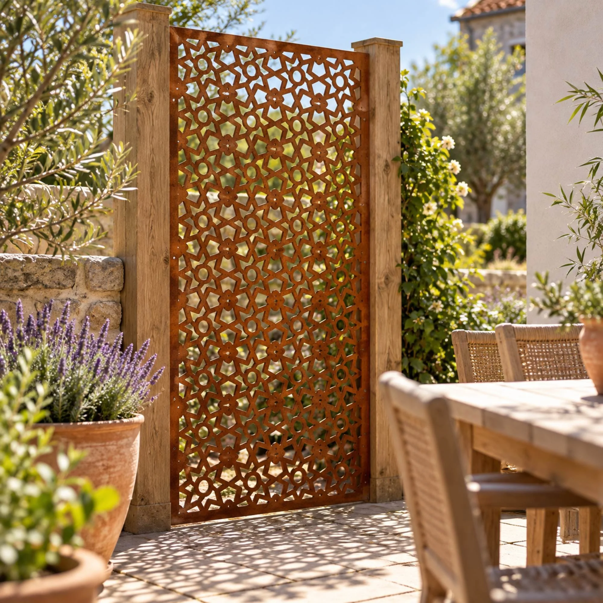 Zellige Privacy Screen Panel in weathered raw steel, screwed between timber posts at the edge of a sunny dining terrace with terracotta pots of lavender and a wooden table