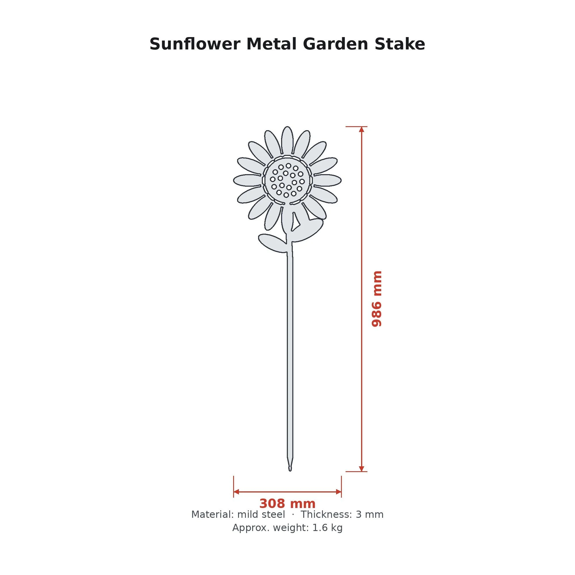 Dimension drawing of the Sunflower Metal Garden Stake with sizes in millimetres