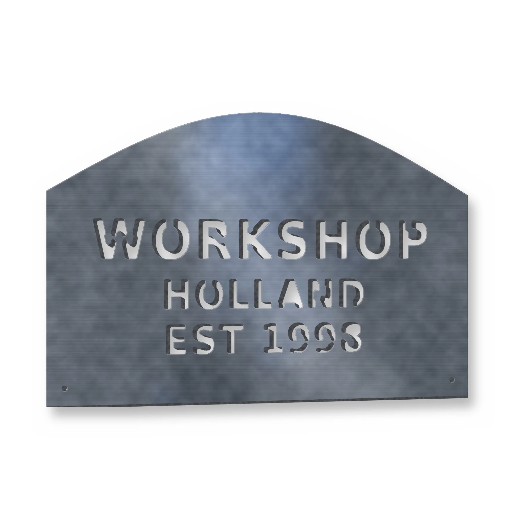 Personalised Workshop "EST" Sign in raw mild steel – plasma-cut 3 mm steel, studio photo on white