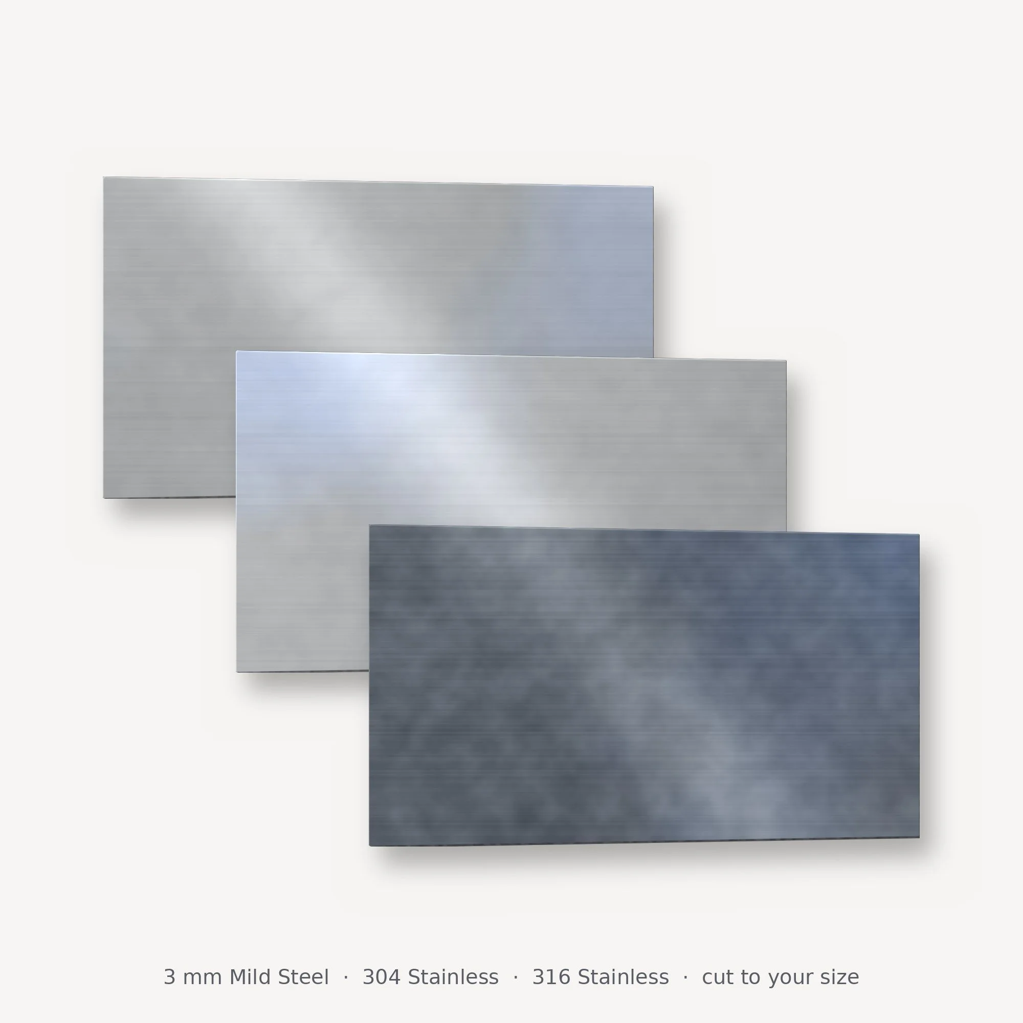 Rectangular 3 mm mild steel, 304 and 316 stainless steel plates cut to size