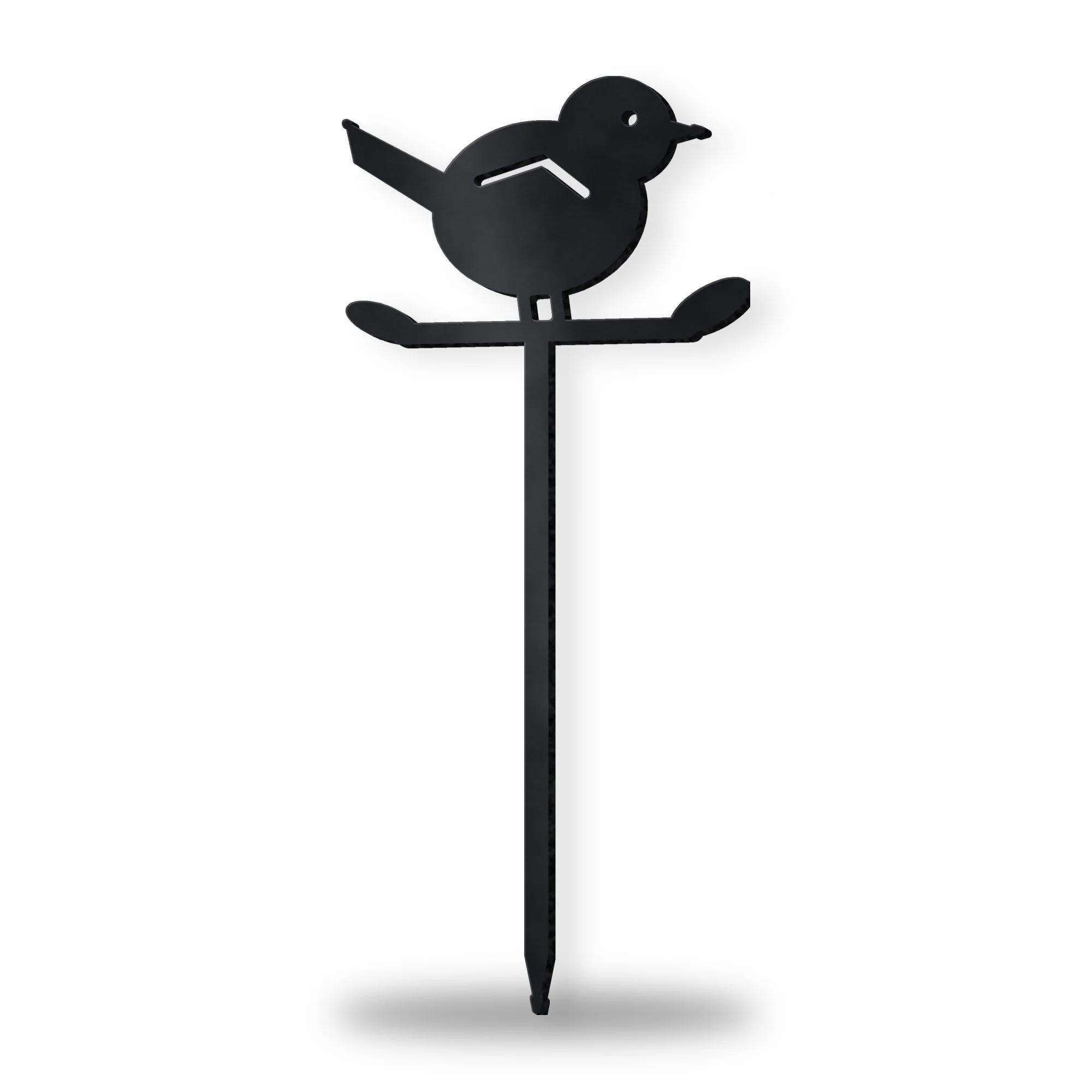 Robin Metal Garden Stake in rust patina – plasma-cut 3 mm steel, studio photo on white