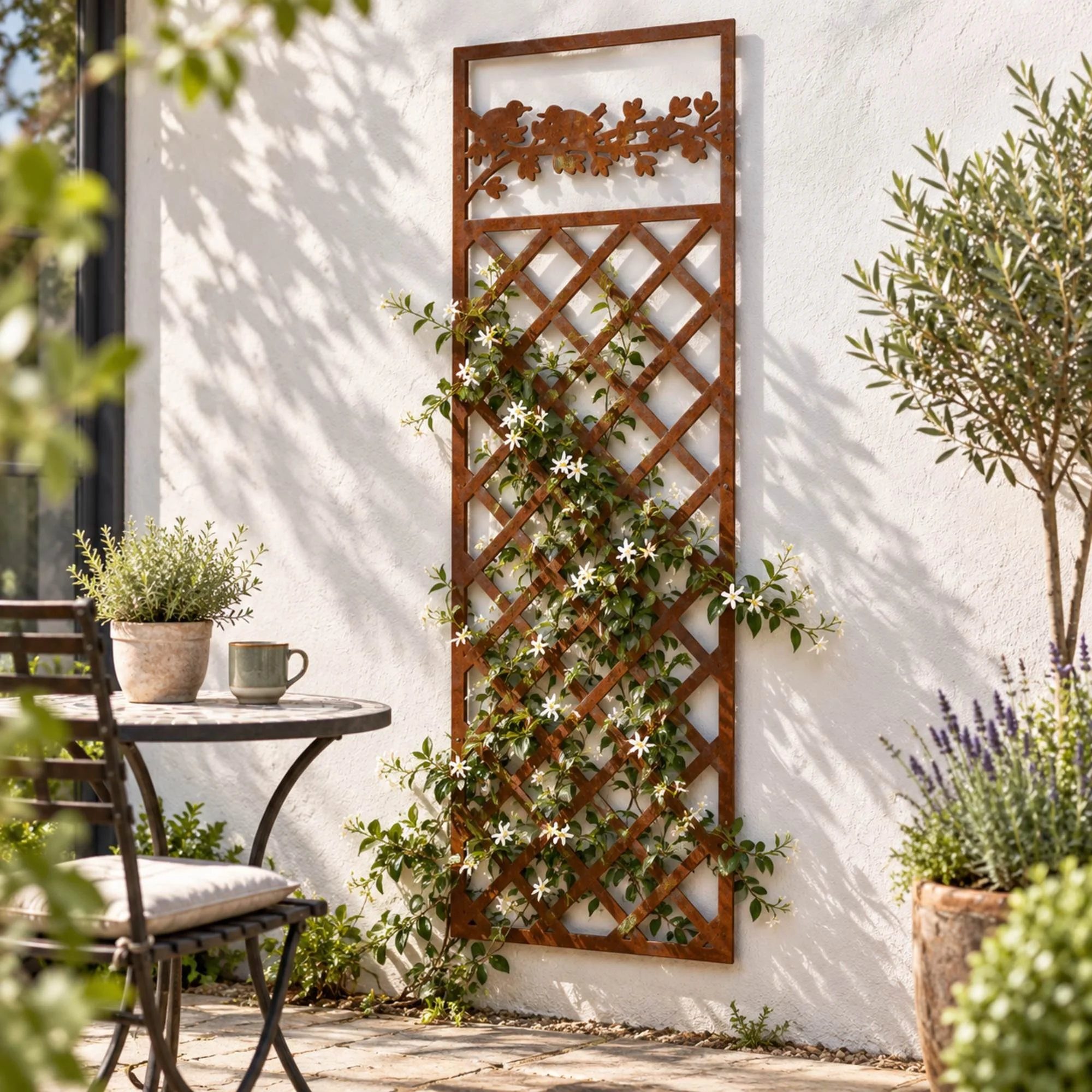 Wrenfield Climbing Plant Trellis Panel in weathered raw steel, a 1.8 m steel trellis panel fixed to a white rendered courtyard wall with star jasmine climbing through it