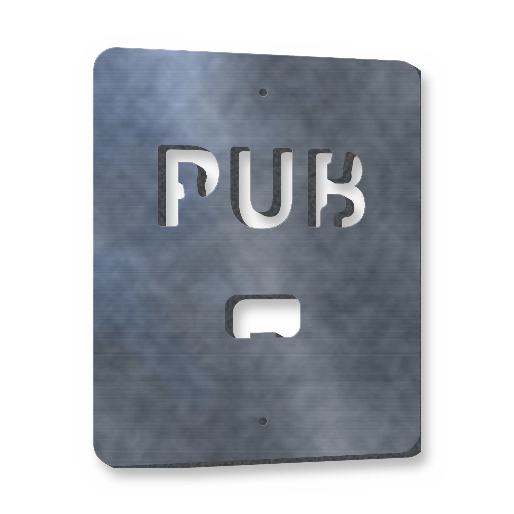Personalised Bottle Opener Wall Plaque in raw mild steel – plasma-cut 4 mm steel, studio photo on white