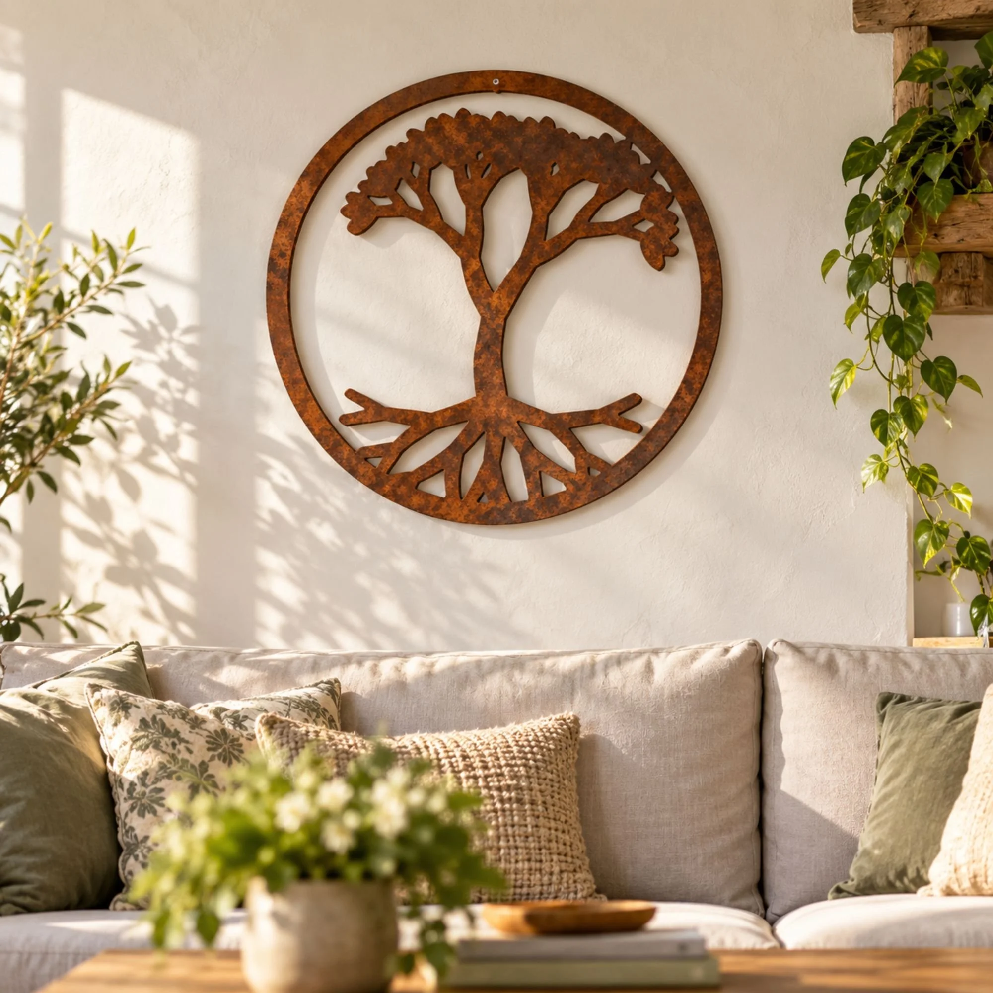 Tree of Life Metal Wall Art in weathered raw steel, hung centrally above a three-seater sofa on a pale plastered wall in a bright UK living room, 600 mm ring at correct scale