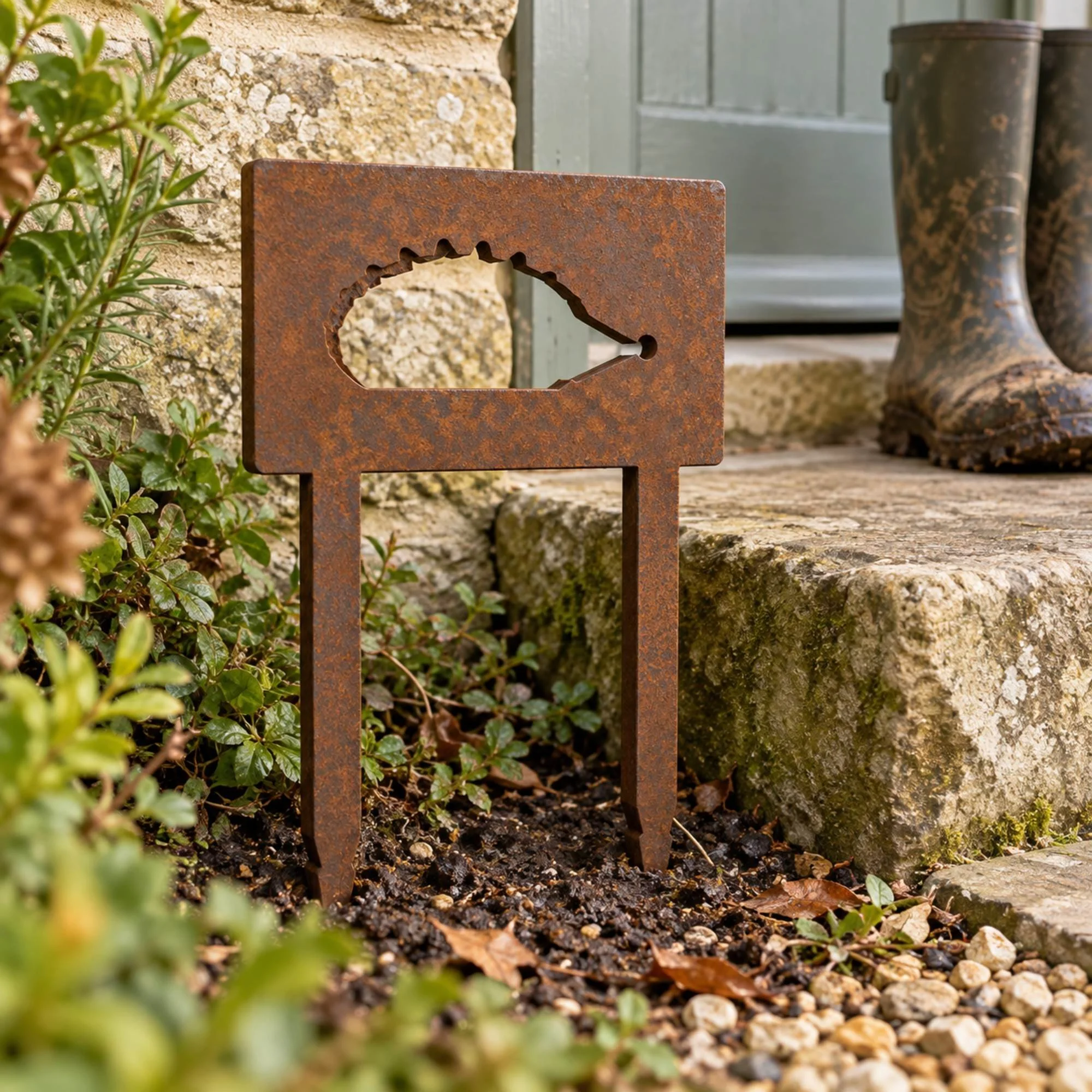Hedgehog Boot Scraper in weathered raw steel, a 470 mm tall steel hedgehog boot scraper set in the soil beside a stone step at a farmhouse back door, muddy wellies on the step