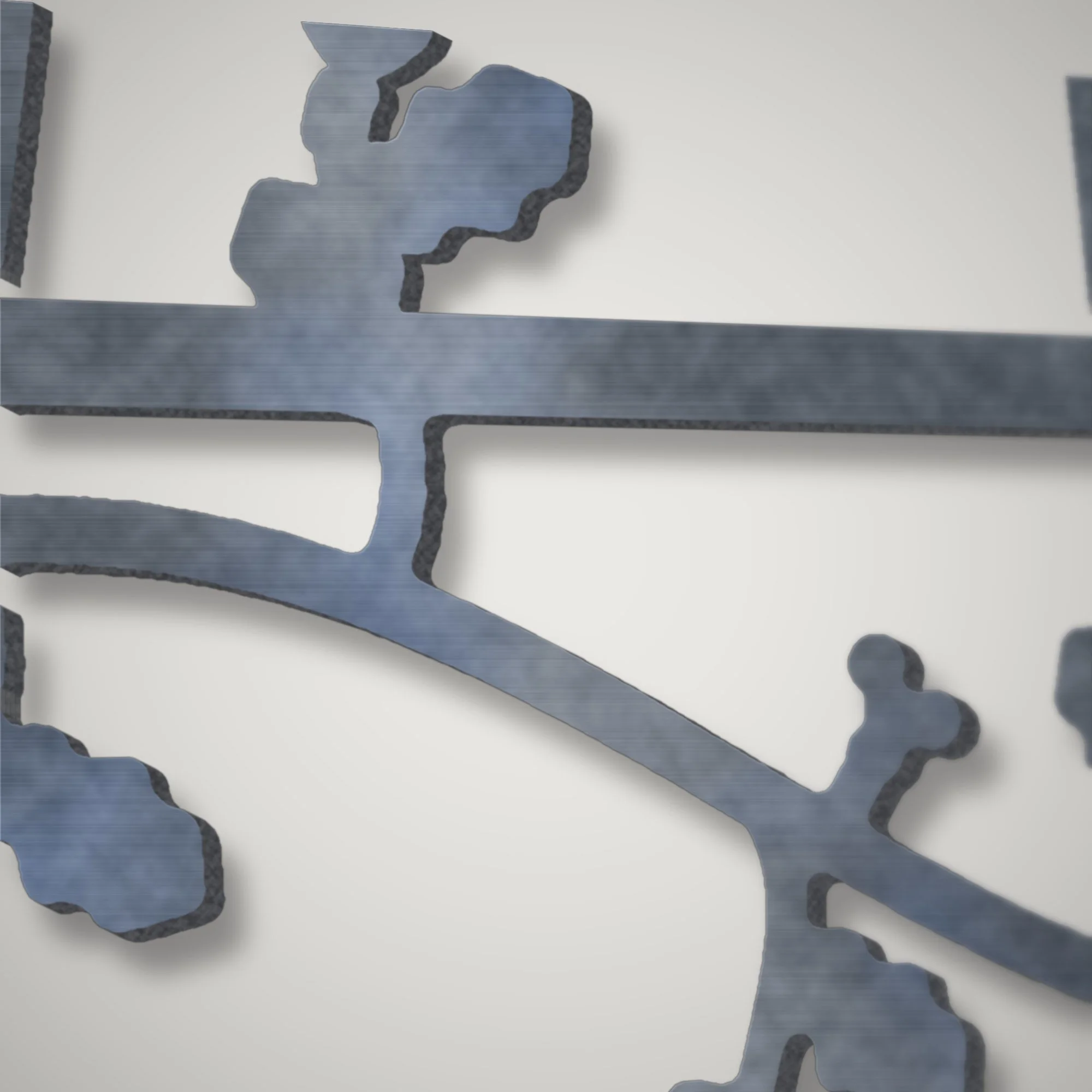 Close-up of the cross-slot joint and leaf cut-outs in 3 mm steel showing the plasma-cut edge