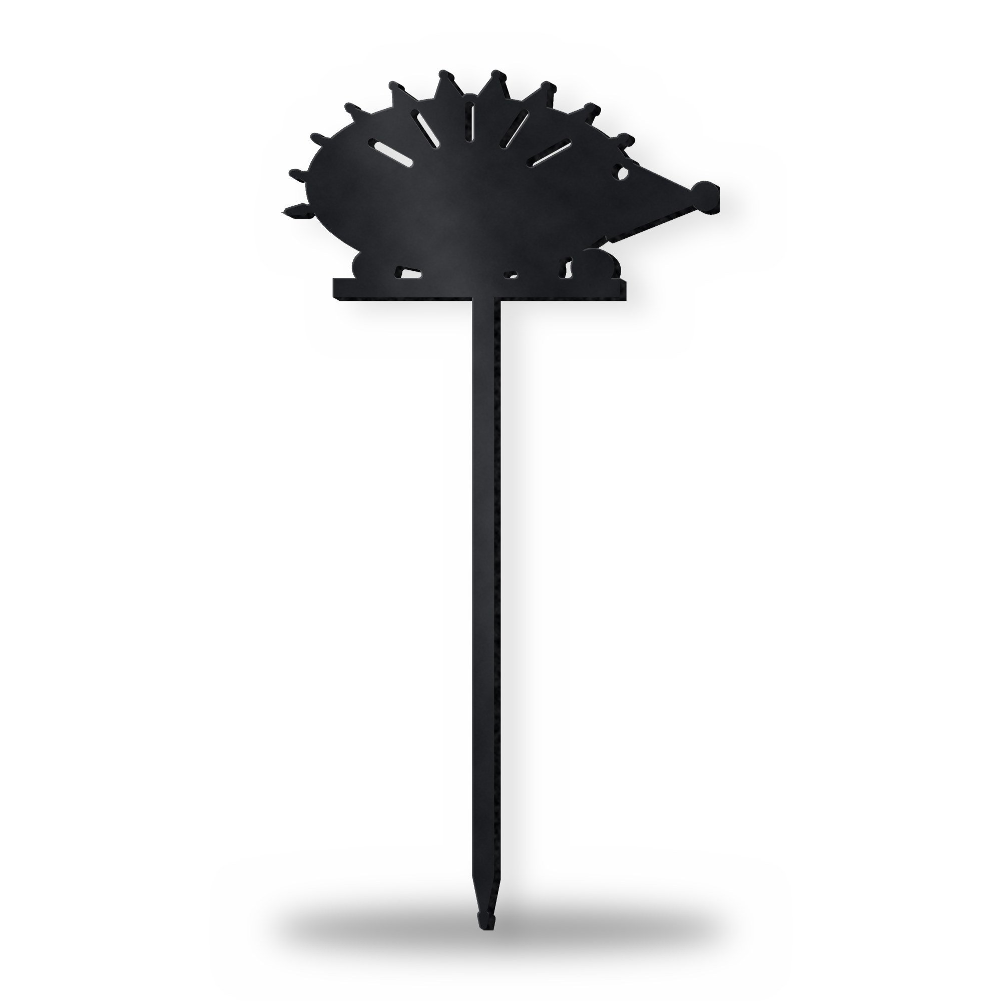 Hedgehog Metal Garden Stake in satin black – plasma-cut 3 mm steel, studio photo on white