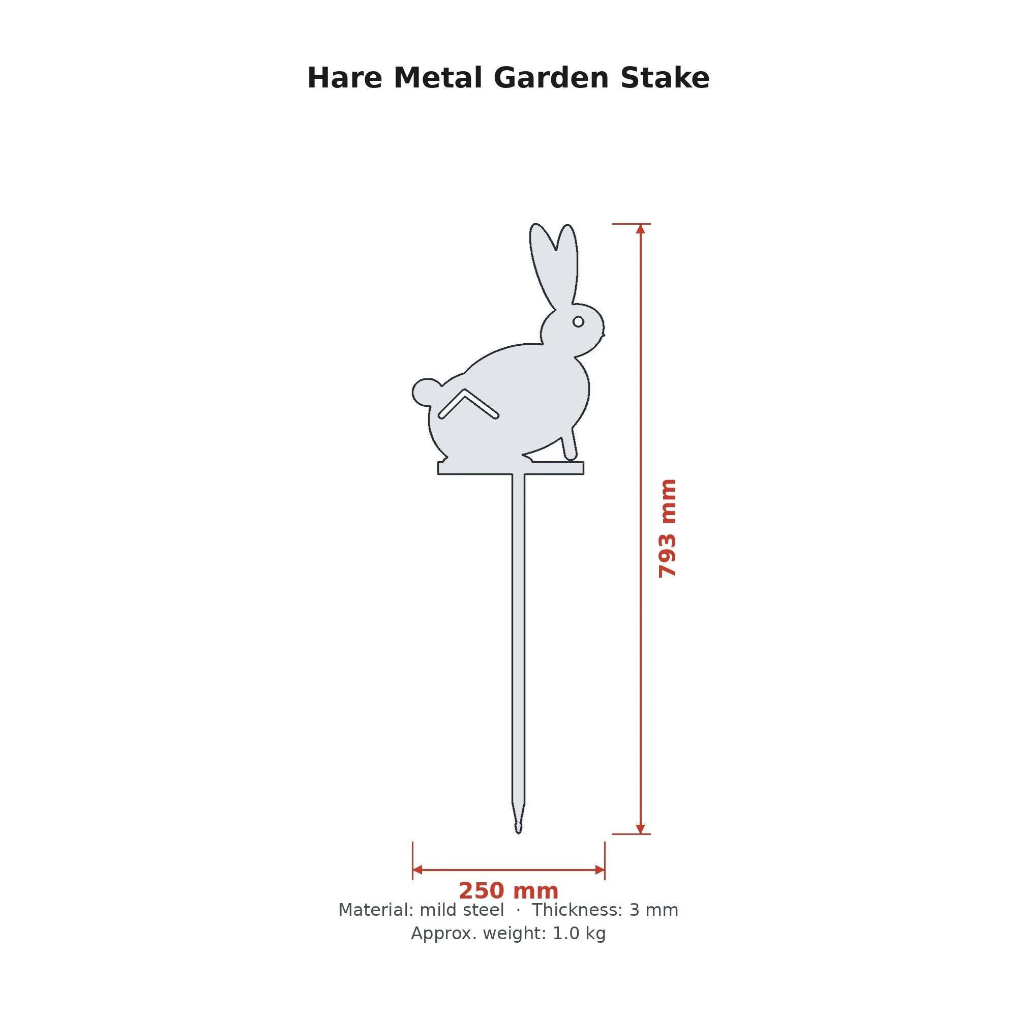 Dimension drawing of the Hare Metal Garden Stake with sizes in millimetres