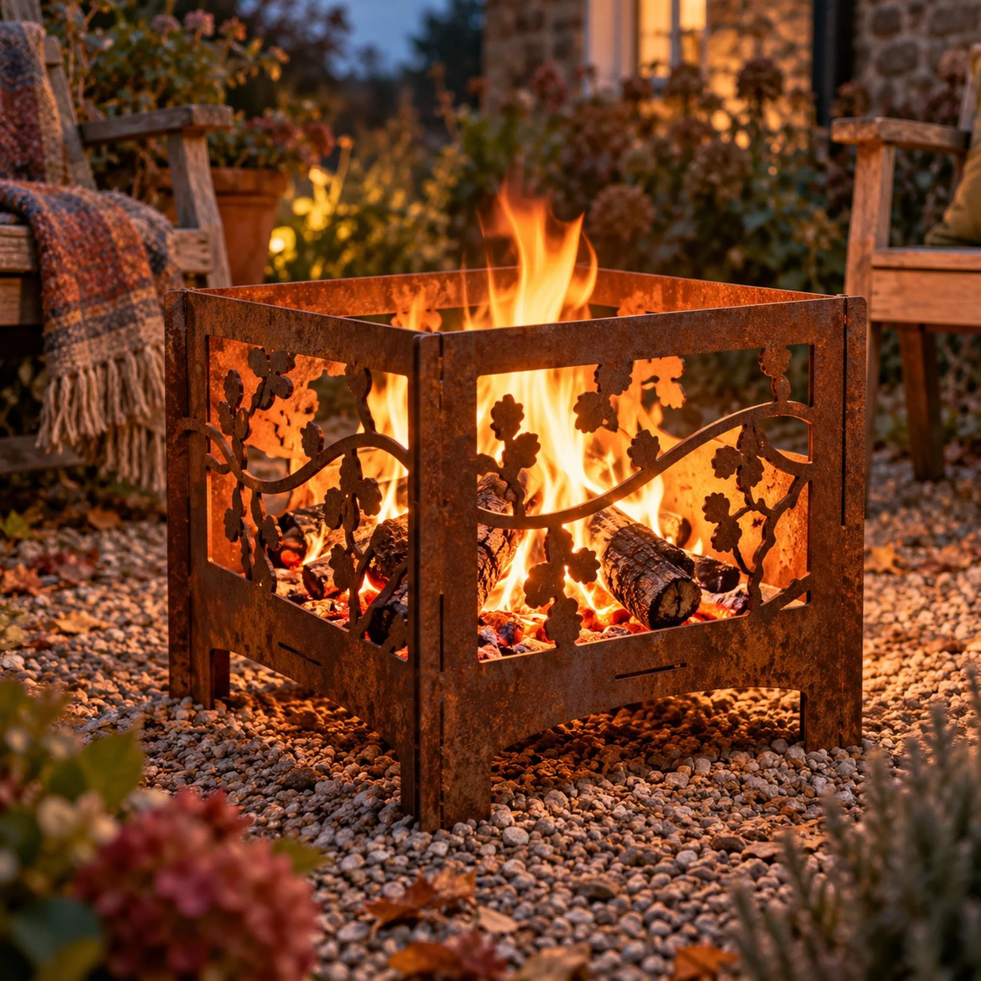 Hawthorn Slot-Together Fire Pit in weathered raw steel, standing lit on a gravel clearing among cottage-garden planting with two wooden chairs and a blanket