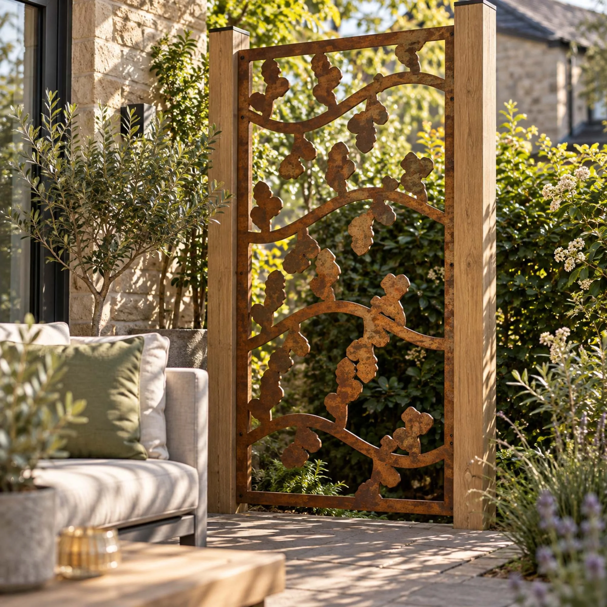 Hawthorn Privacy Screen Panel in weathered raw steel, screwed between two 100 mm timber posts beside a stone patio with outdoor sofa, screening it from a neighbouring window