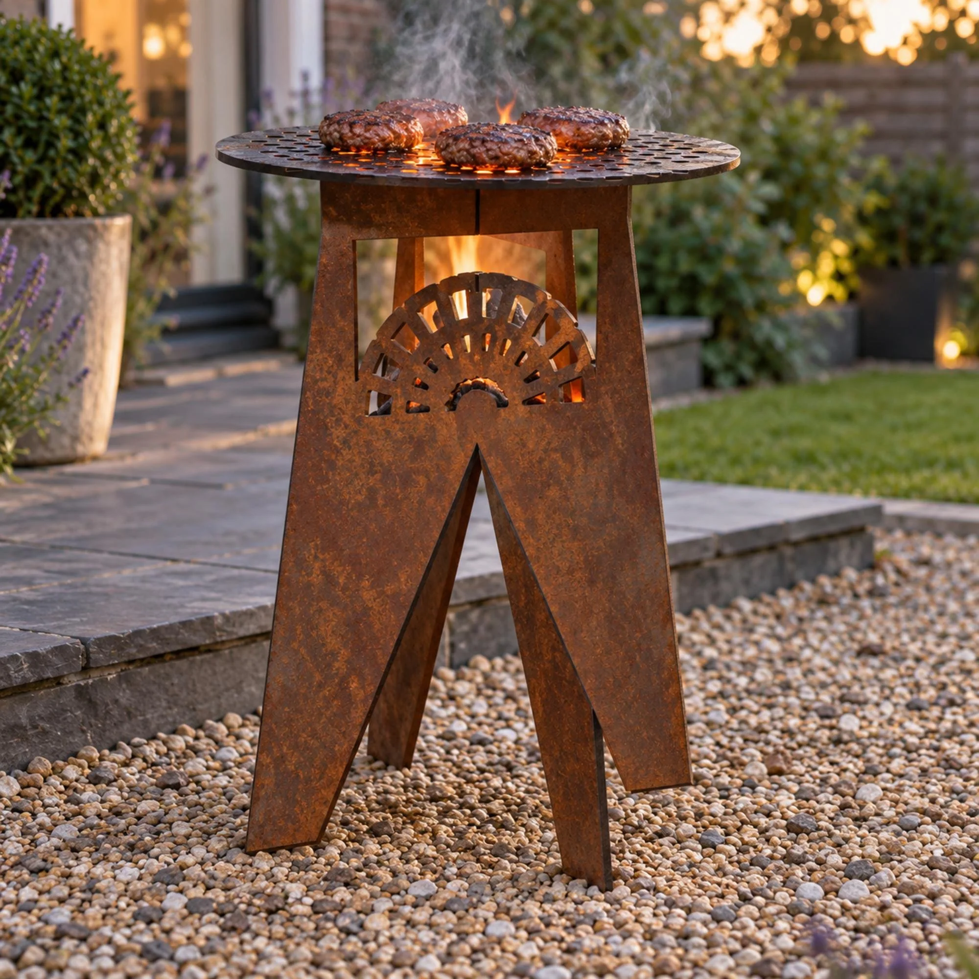 Ember Flat-Pack BBQ & Fire Basket Stand in weathered raw steel, a 620 mm tall cross-legged steel BBQ stand on gravel beside a slate patio in a suburban garden