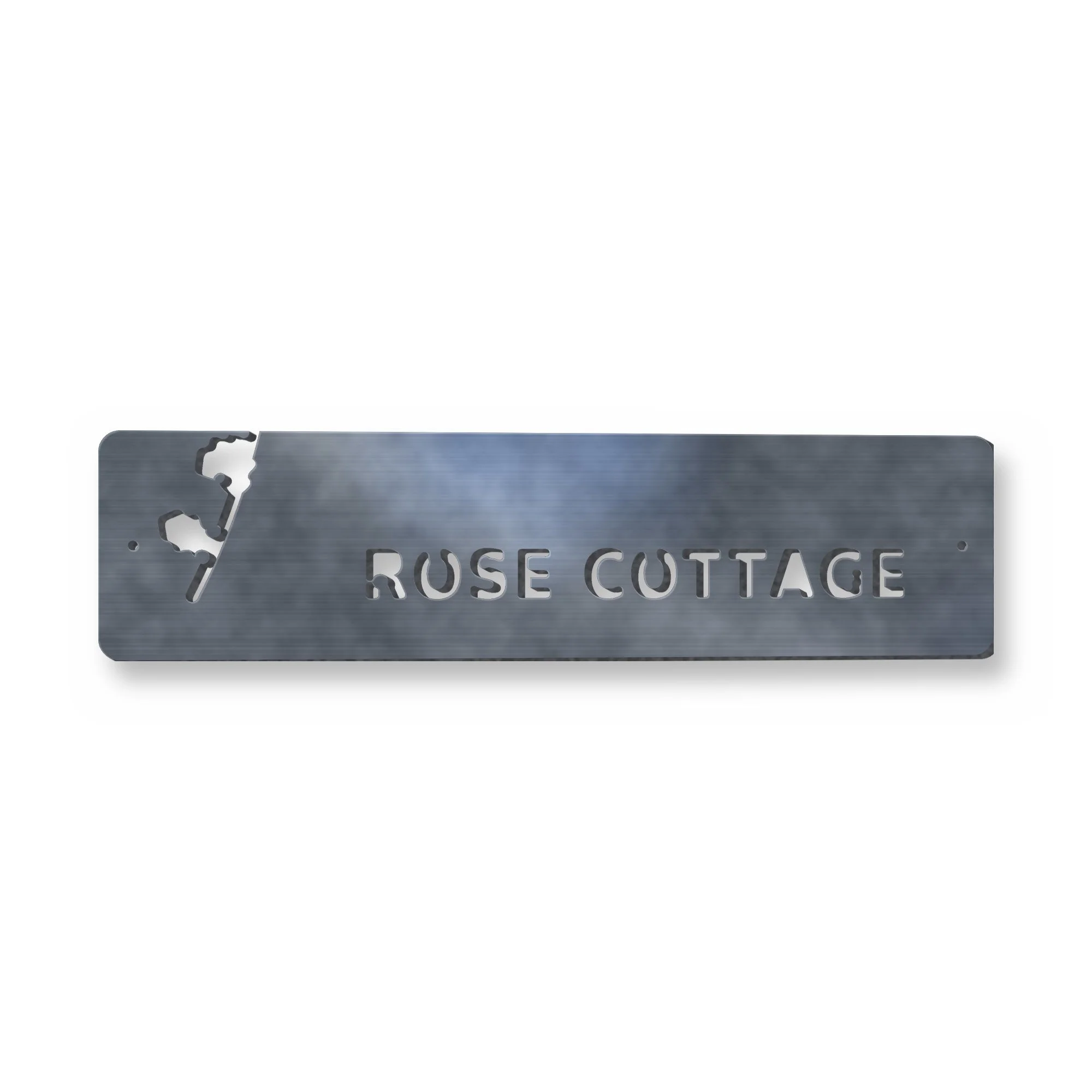 Personalised House Name Sign in raw mild steel – plasma-cut 3 mm steel, studio photo on white