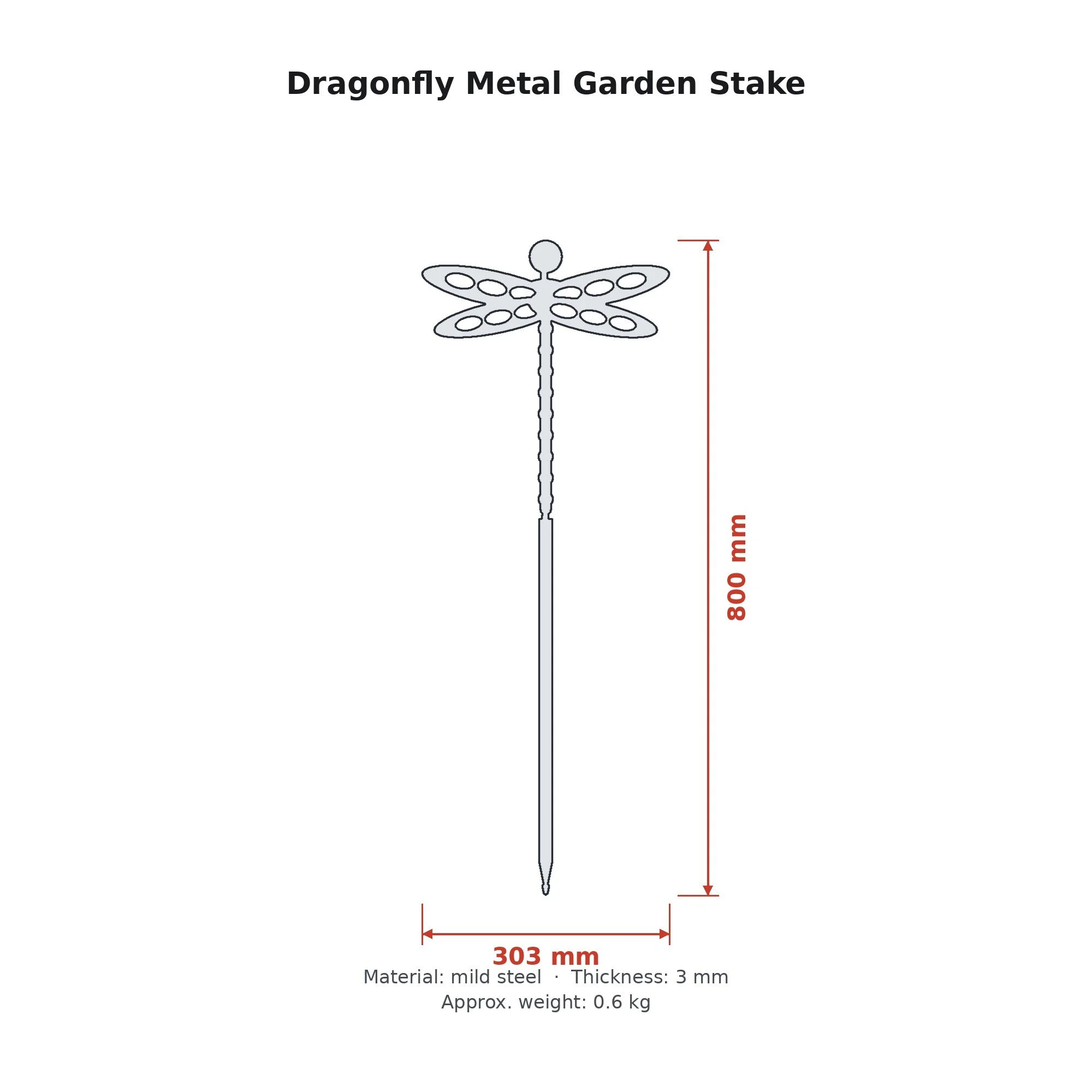 Dimension drawing of the Dragonfly Metal Garden Stake with sizes in millimetres