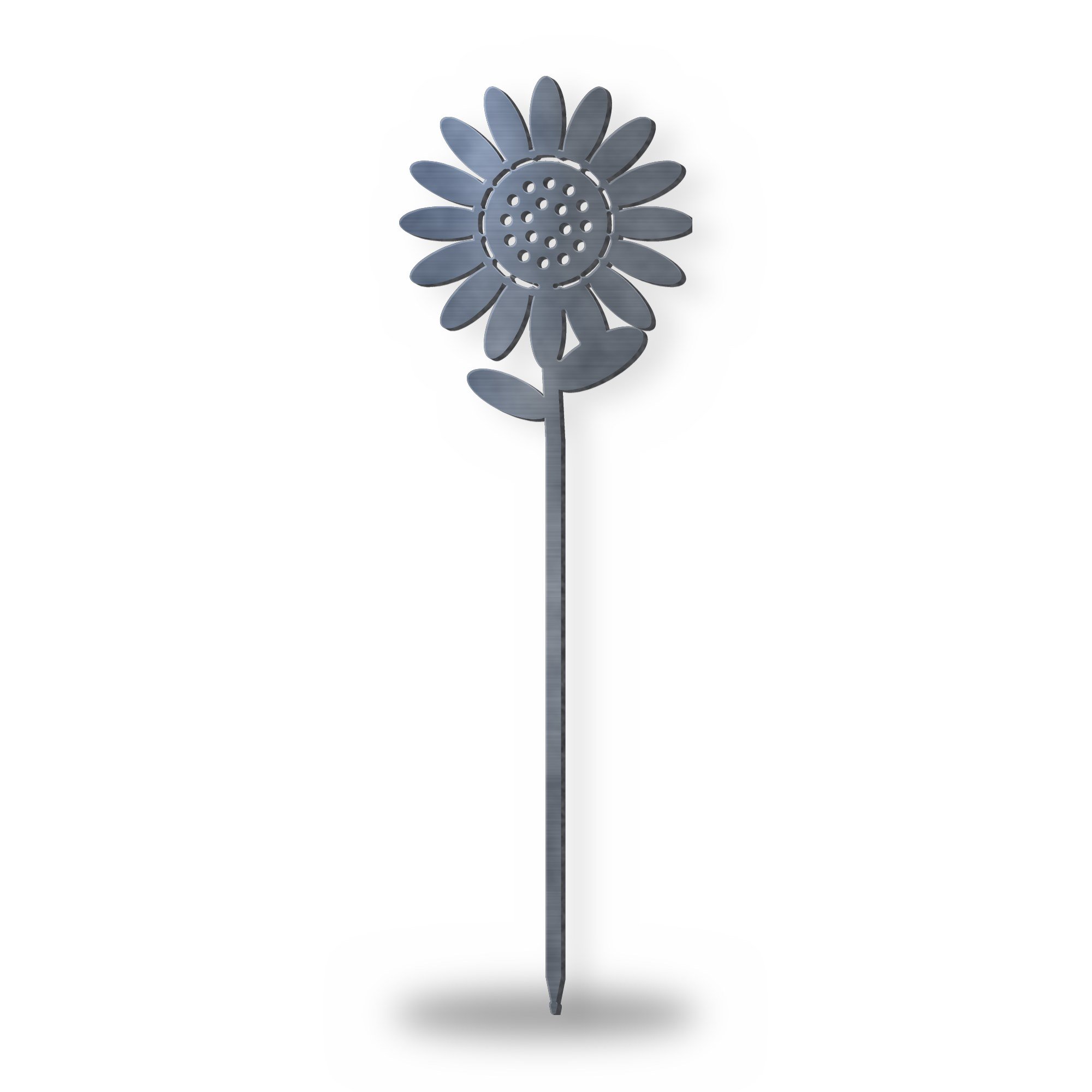 Sunflower Metal Garden Stake in raw mild steel – plasma-cut 3 mm steel, studio photo on white