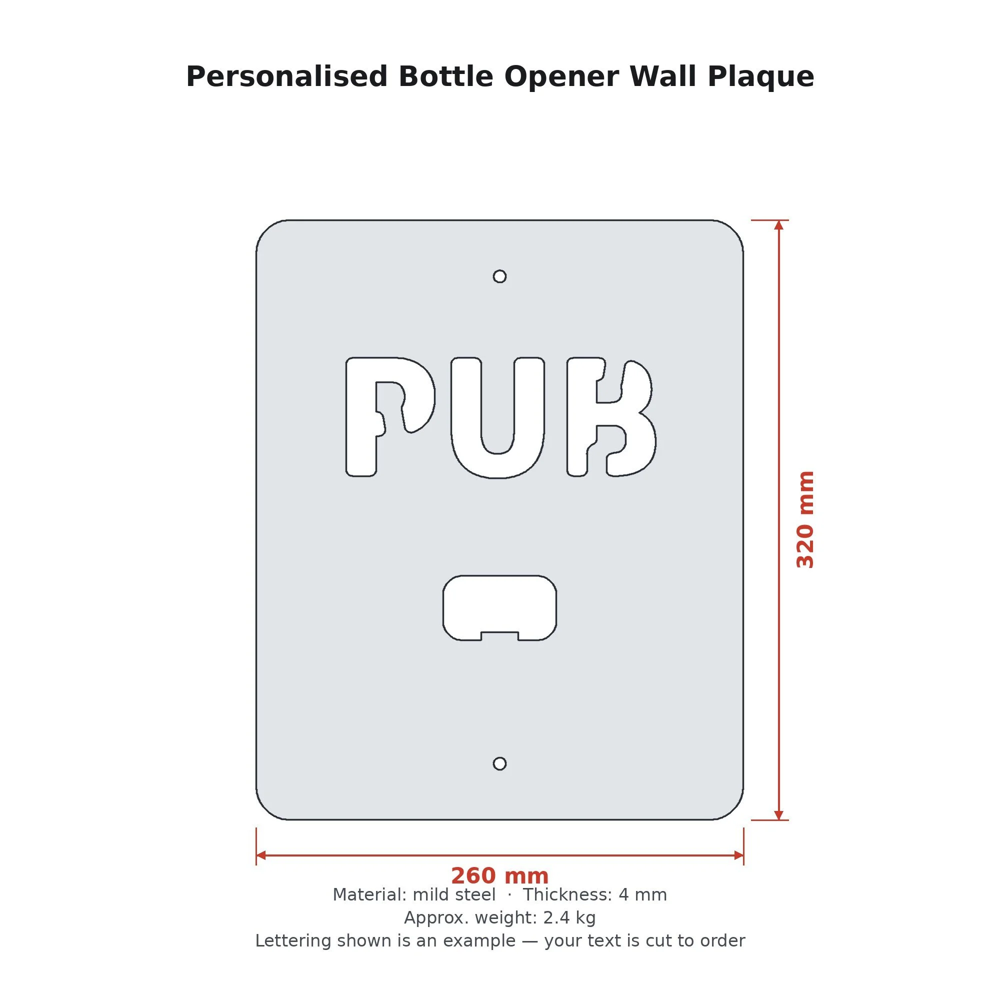 Dimension drawing of the Personalised Bottle Opener Wall Plaque with sizes in millimetres