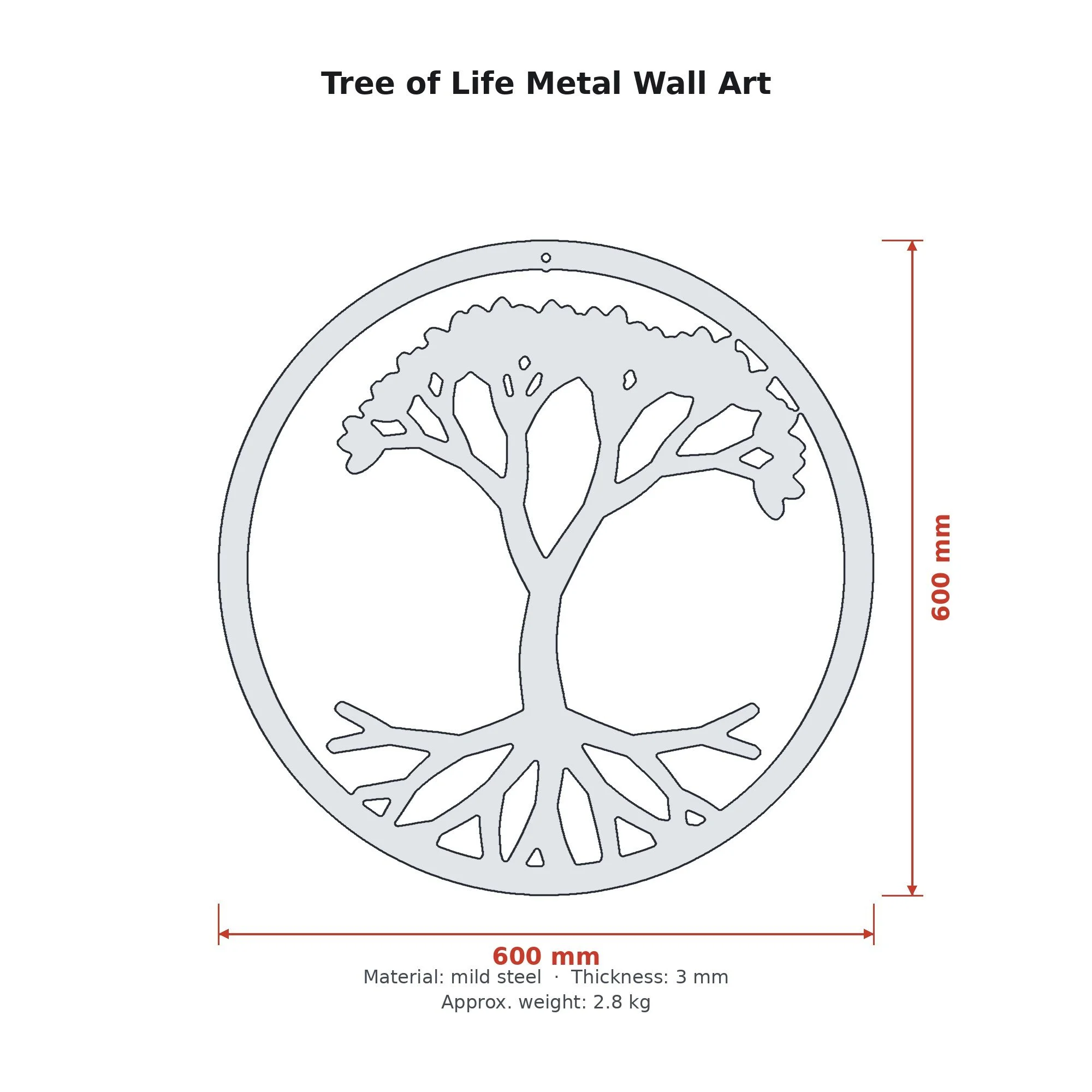 Dimension drawing of the Tree of Life Metal Wall Art with sizes in millimetres