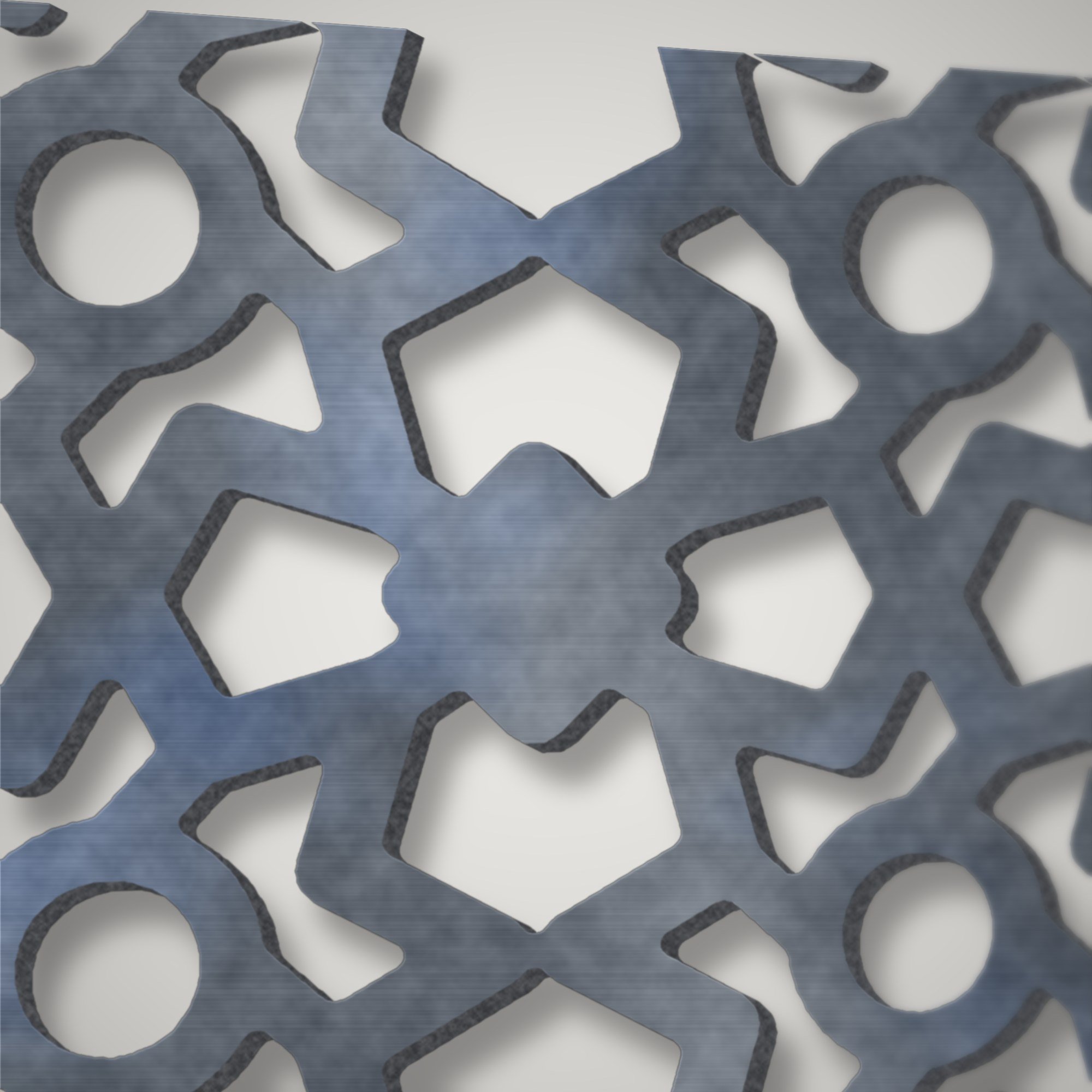 Close-up of the plasma-cut star-and-rosette lattice showing the cut edge of 3 mm mild steel