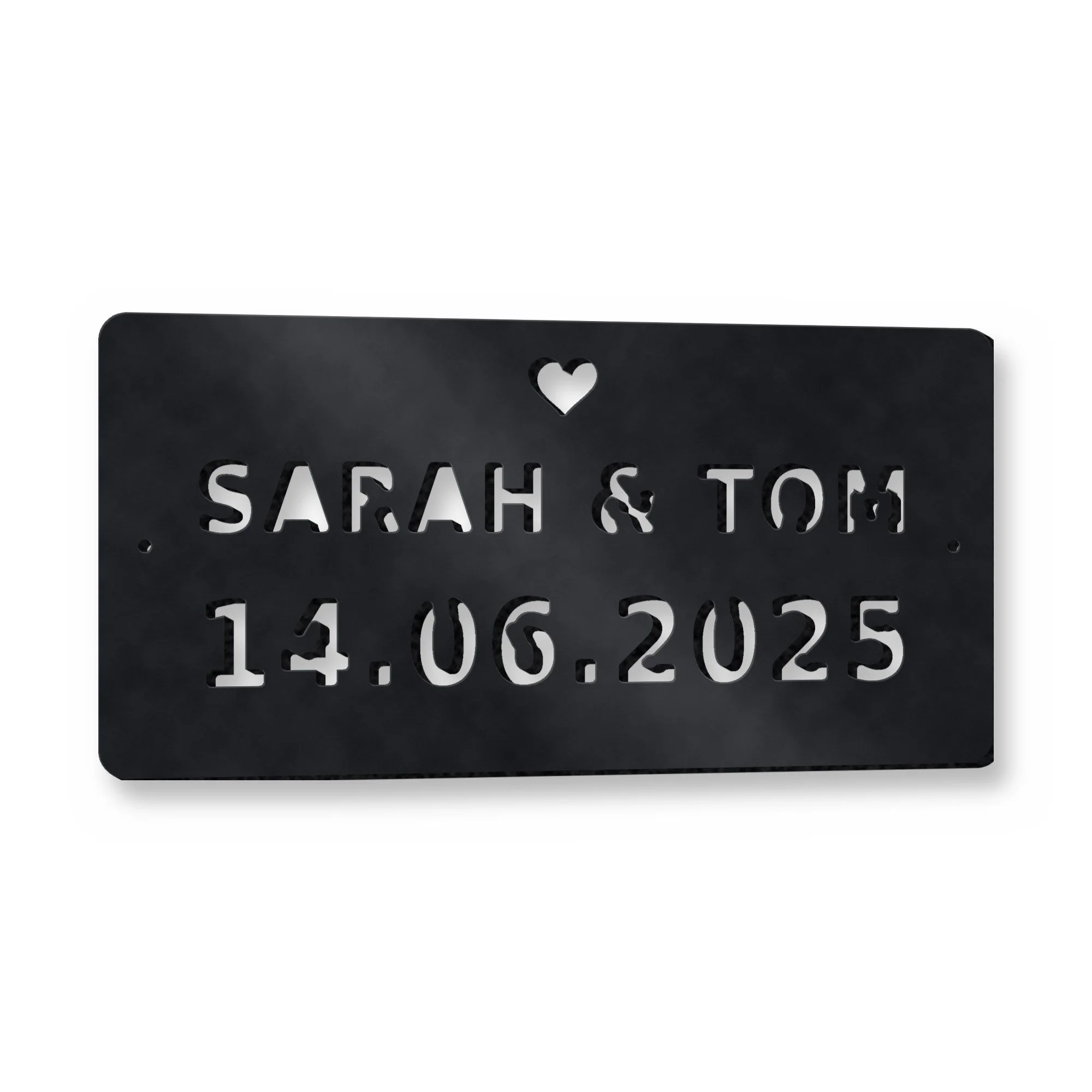 Personalised Wedding Date Plaque in satin black – plasma-cut 3 mm steel, studio photo on white