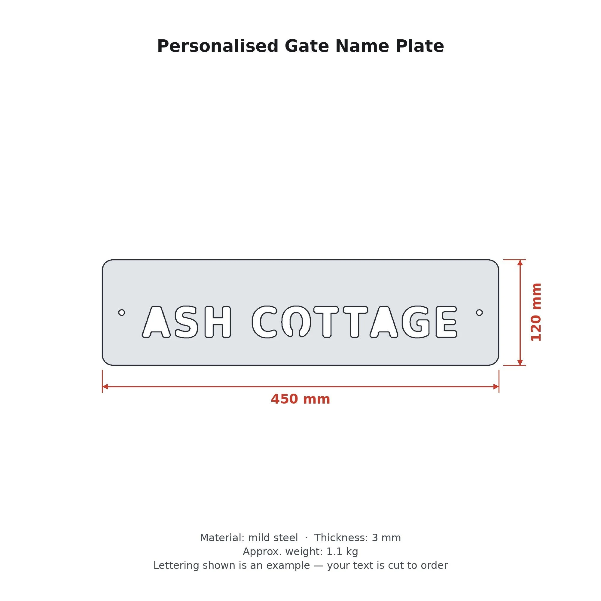 Dimension drawing of the Personalised Gate Name Plate with sizes in millimetres