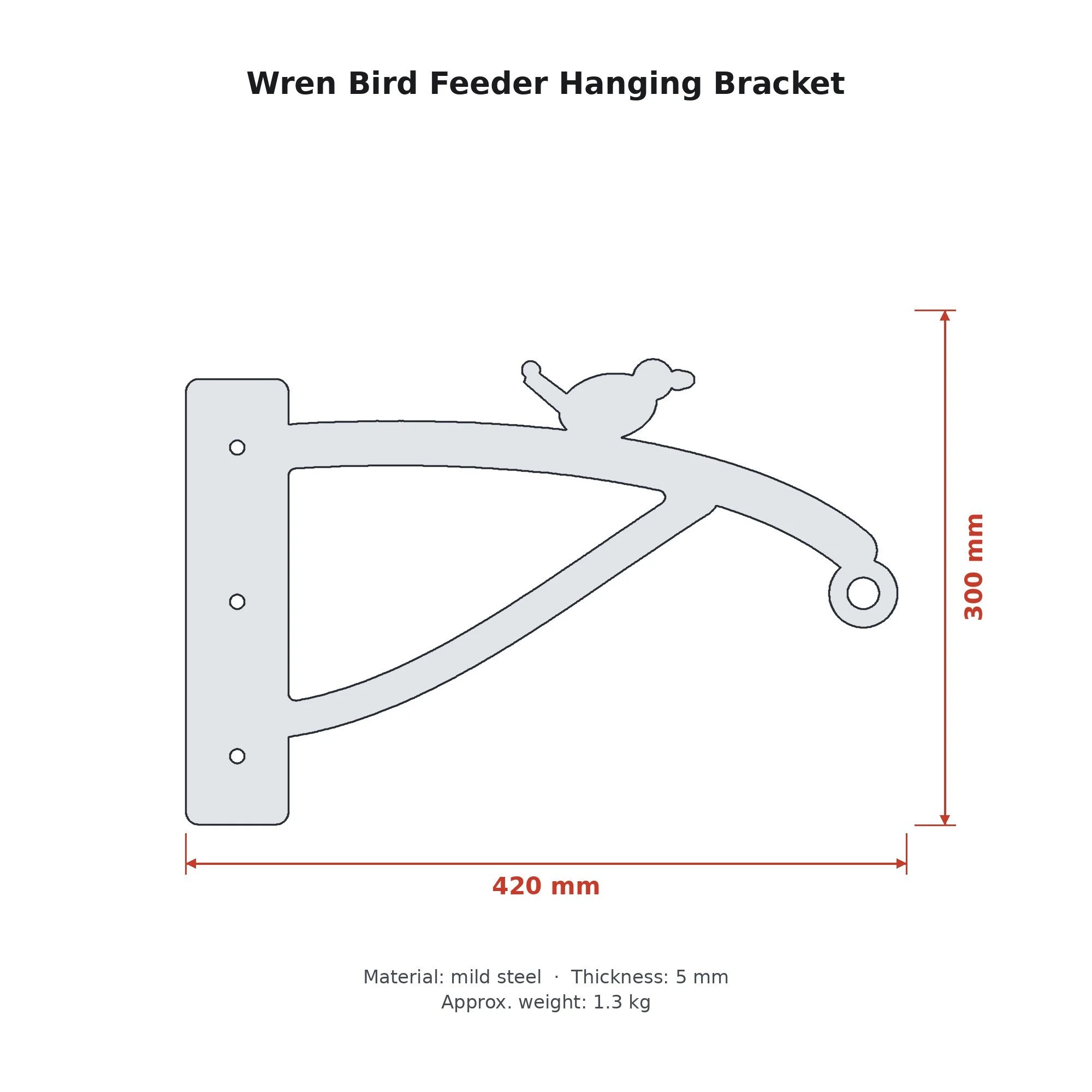 Dimension drawing of the Wren Bird Feeder Hanging Bracket with sizes in millimetres