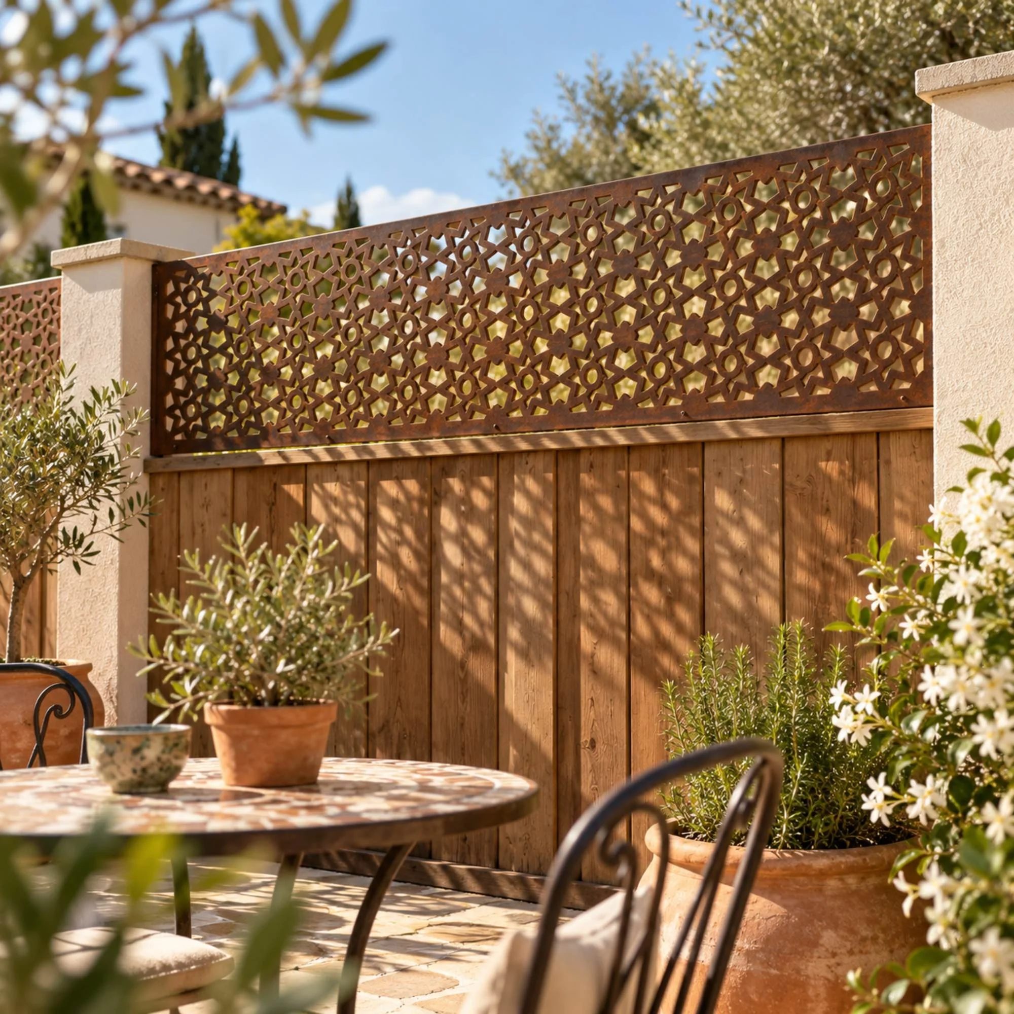 Zellige Fence Topper in weathered raw steel, fixed along a 1.8 m rendered-post timber fence in a sunny Mediterranean-style courtyard with terracotta pots and a small bistro table