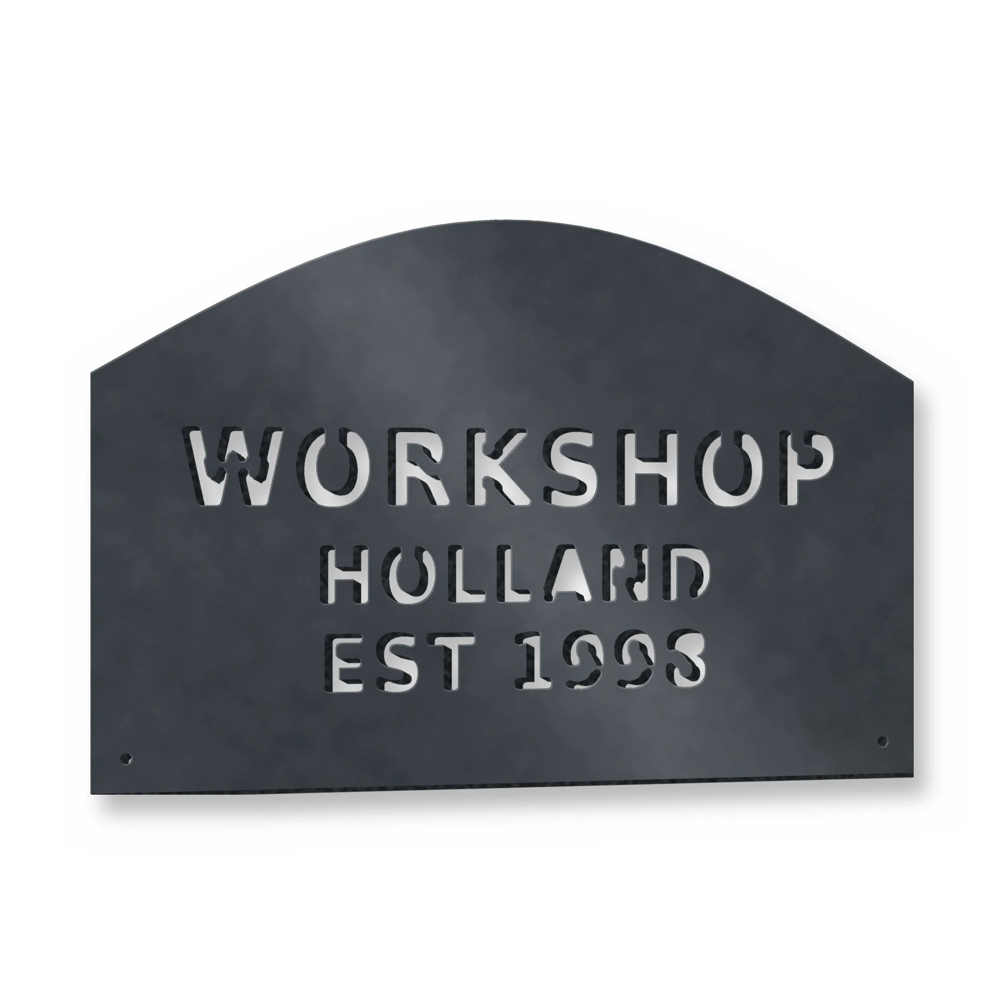 Personalised Workshop "EST" Sign in anthracite grey – plasma-cut 3 mm steel, studio photo on white