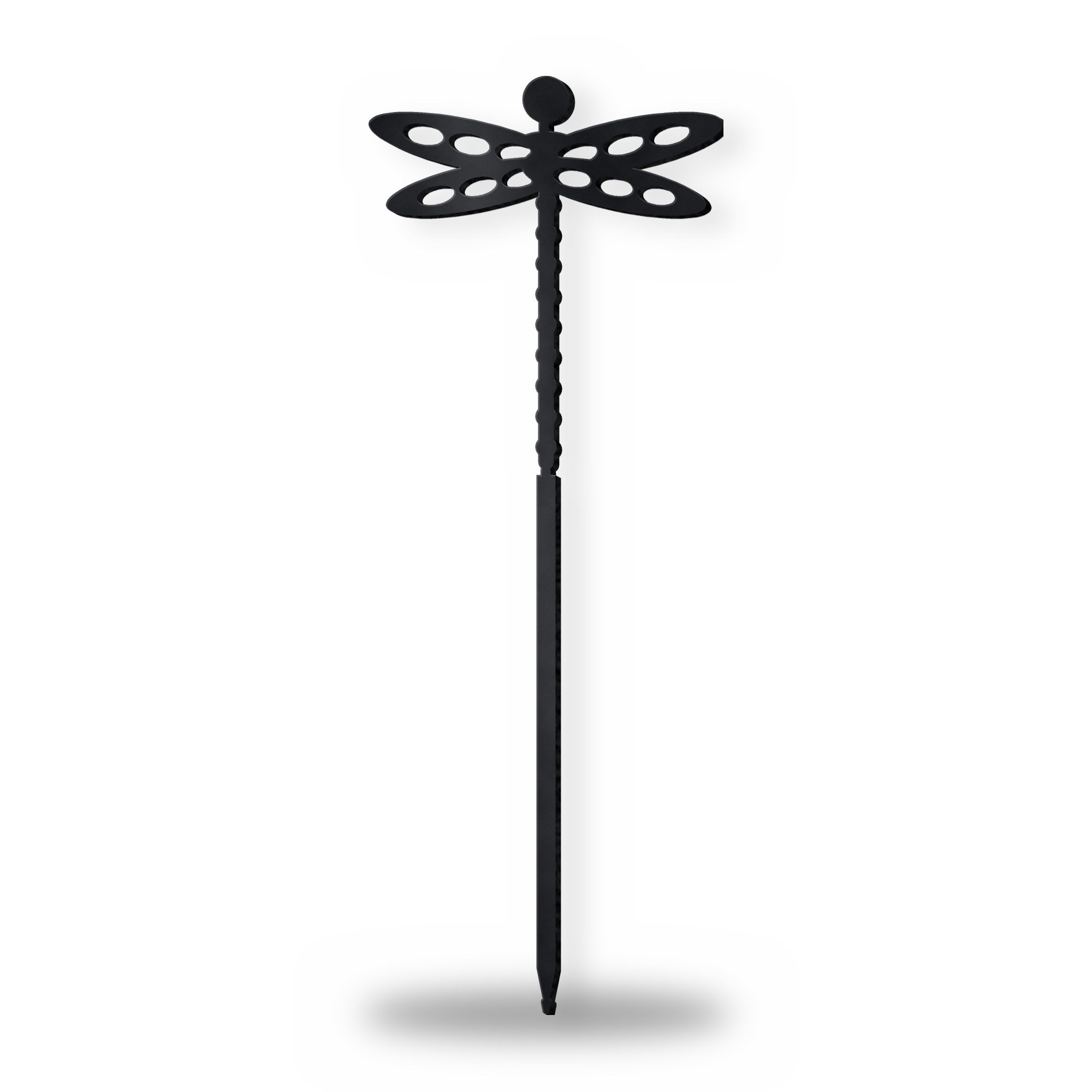 Dragonfly Metal Garden Stake in satin black – plasma-cut 3 mm steel, studio photo on white