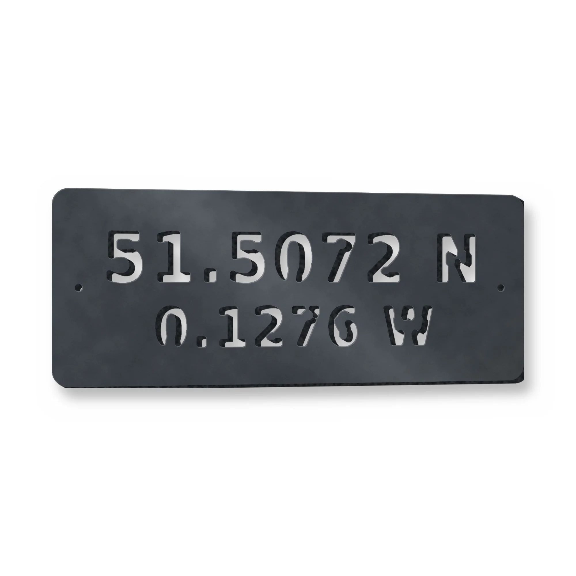Example of the Personalised Coordinates Plaque reading 51.5072 N / 0.1276 W