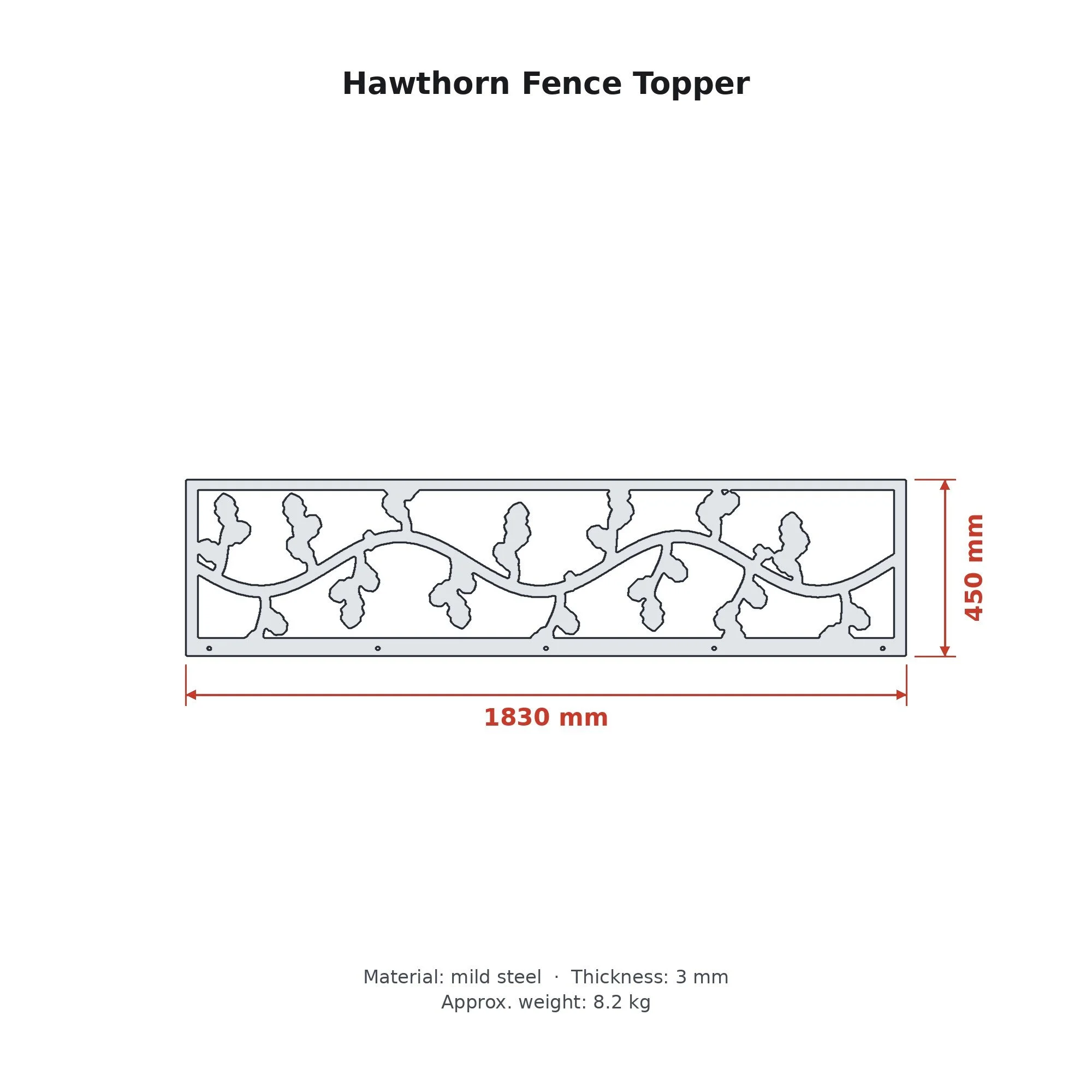 Dimension drawing of the Hawthorn Fence Topper with sizes in millimetres