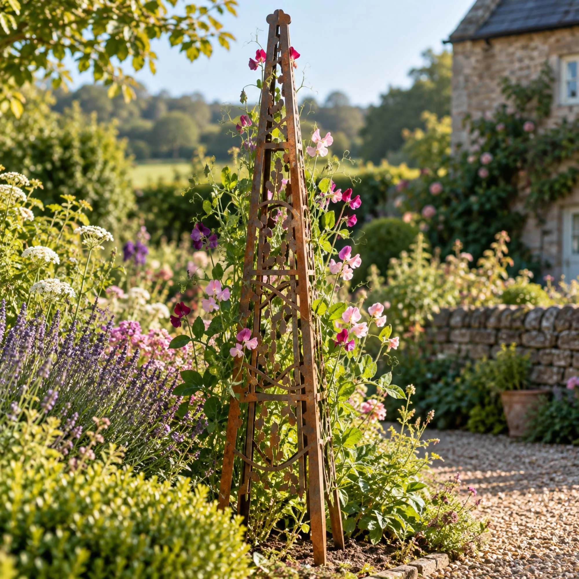 Hawthorn Garden Obelisk in weathered raw steel, a 1.5 m steel obelisk with sweet peas climbing it in a mixed cottage border beside a gravel path, early summer morning