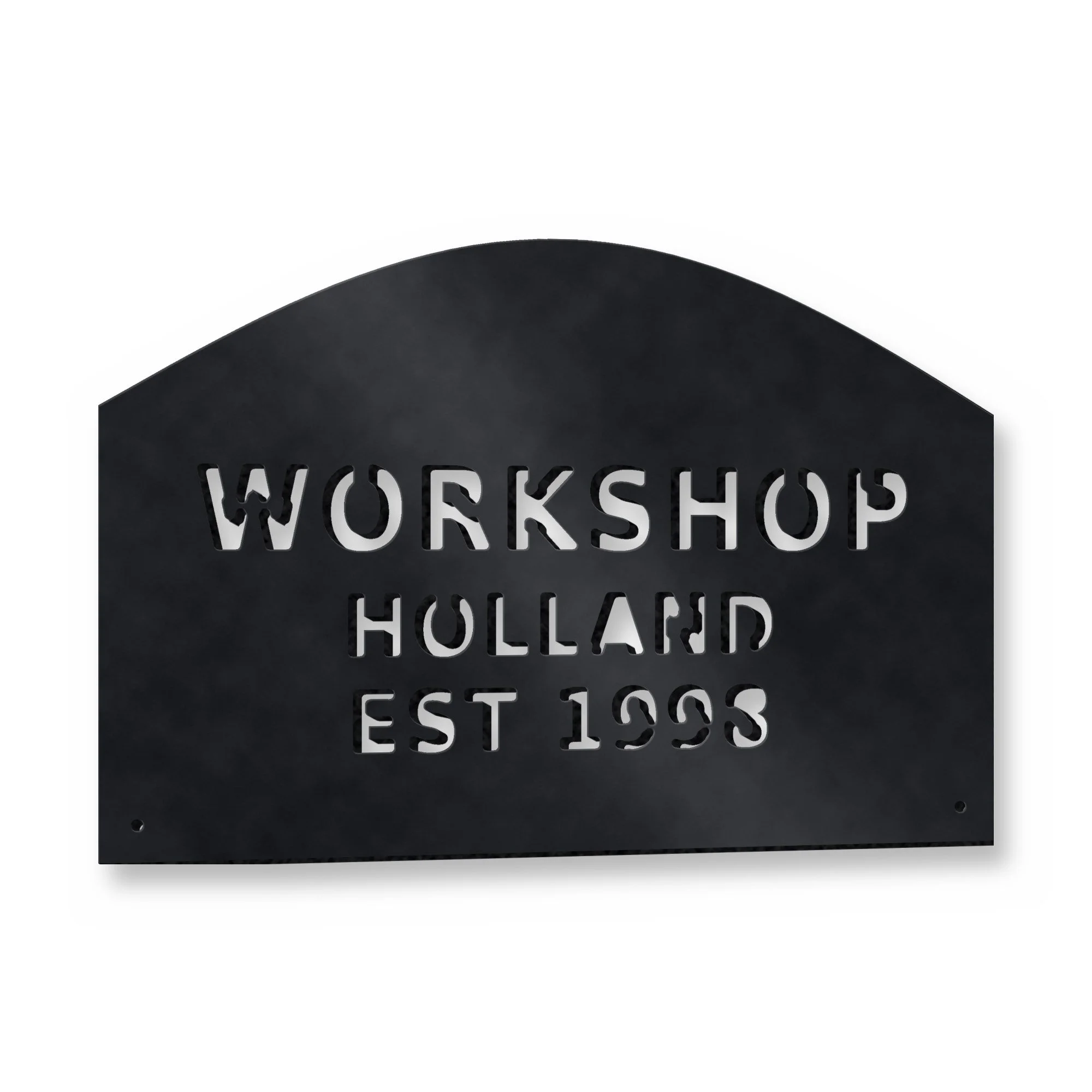 Personalised Workshop "EST" Sign in satin black – plasma-cut 3 mm steel, studio photo on white