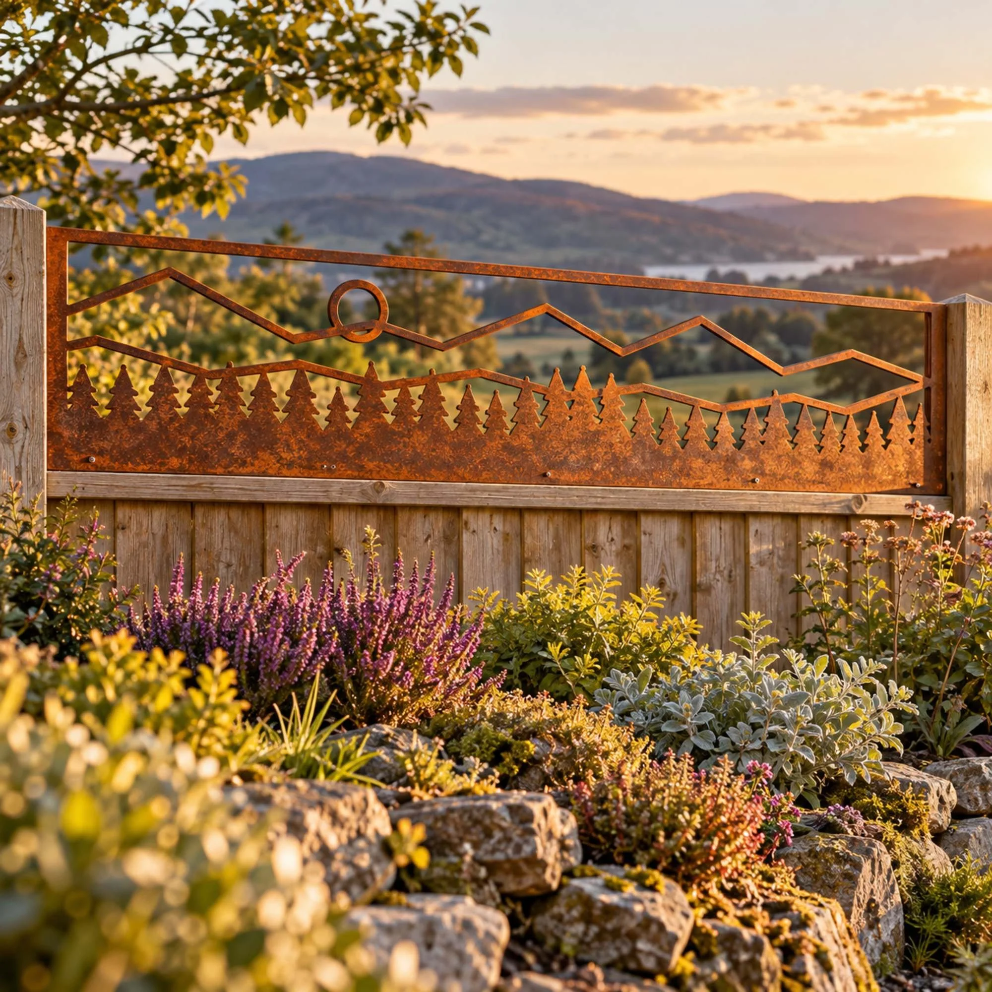 Fellside Fence Topper in weathered raw steel, fixed along a 1.8 m timber fence behind a stone-edged rockery in a rural garden with views to hills beyond, soft evening light
