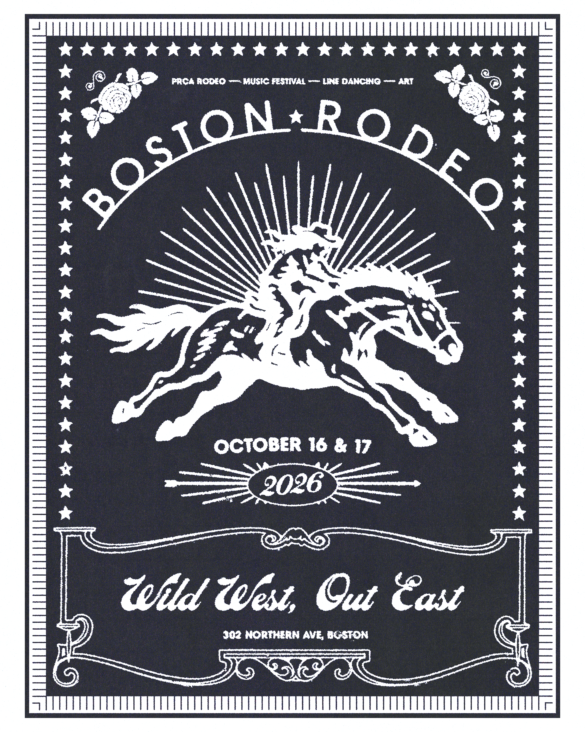 A black and white poster for the Boston RODEO, which is scheduled for October 16 and 17, featuring a rodeo cowboy riding a bucking horse with decorative stars and floral elements, and text indicating the location at 302 Northern Ave, Boston, in Wild West, Out East style.