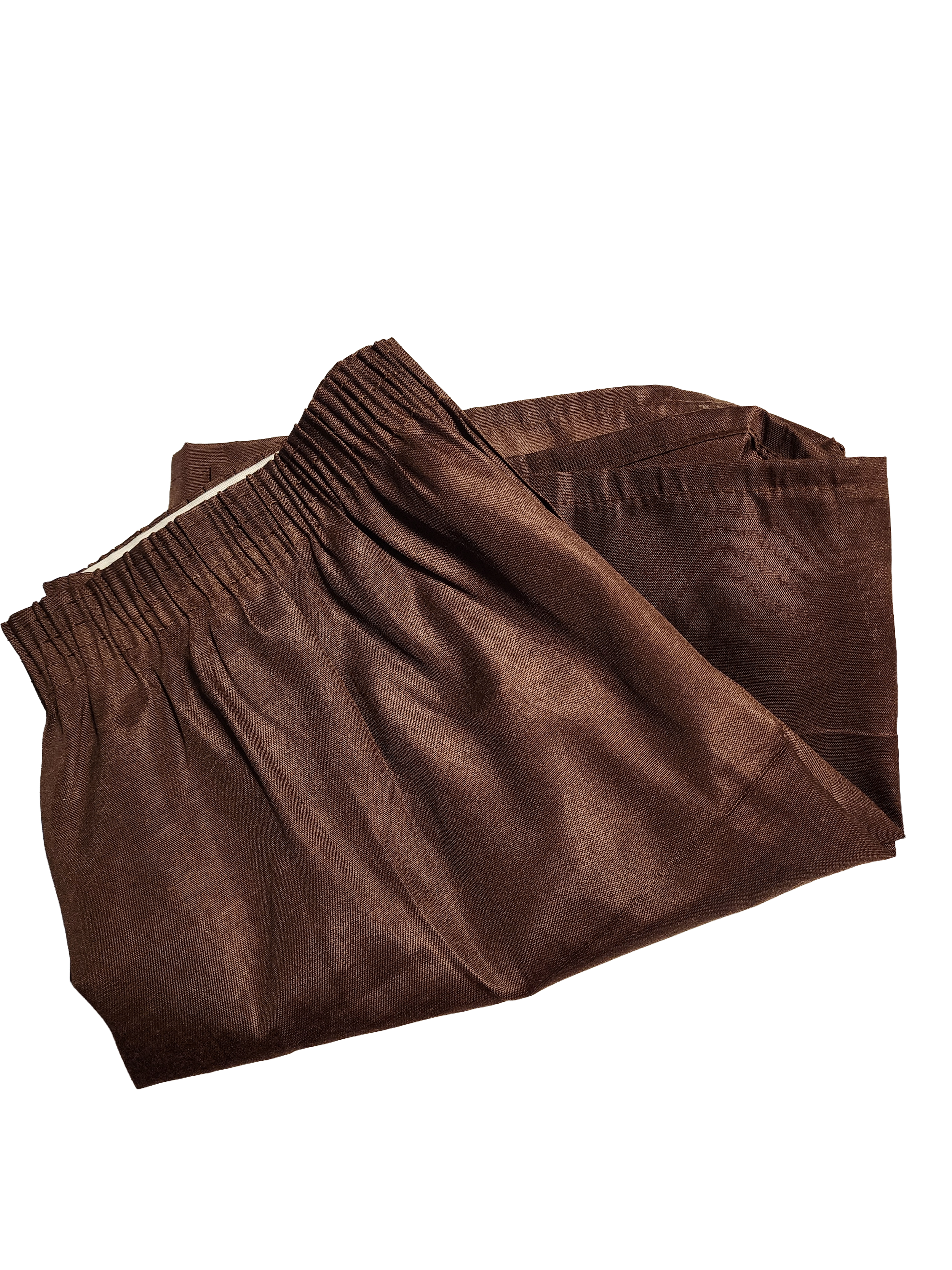 Brown lounge pants with an elastic waistband, folded and laid flat.