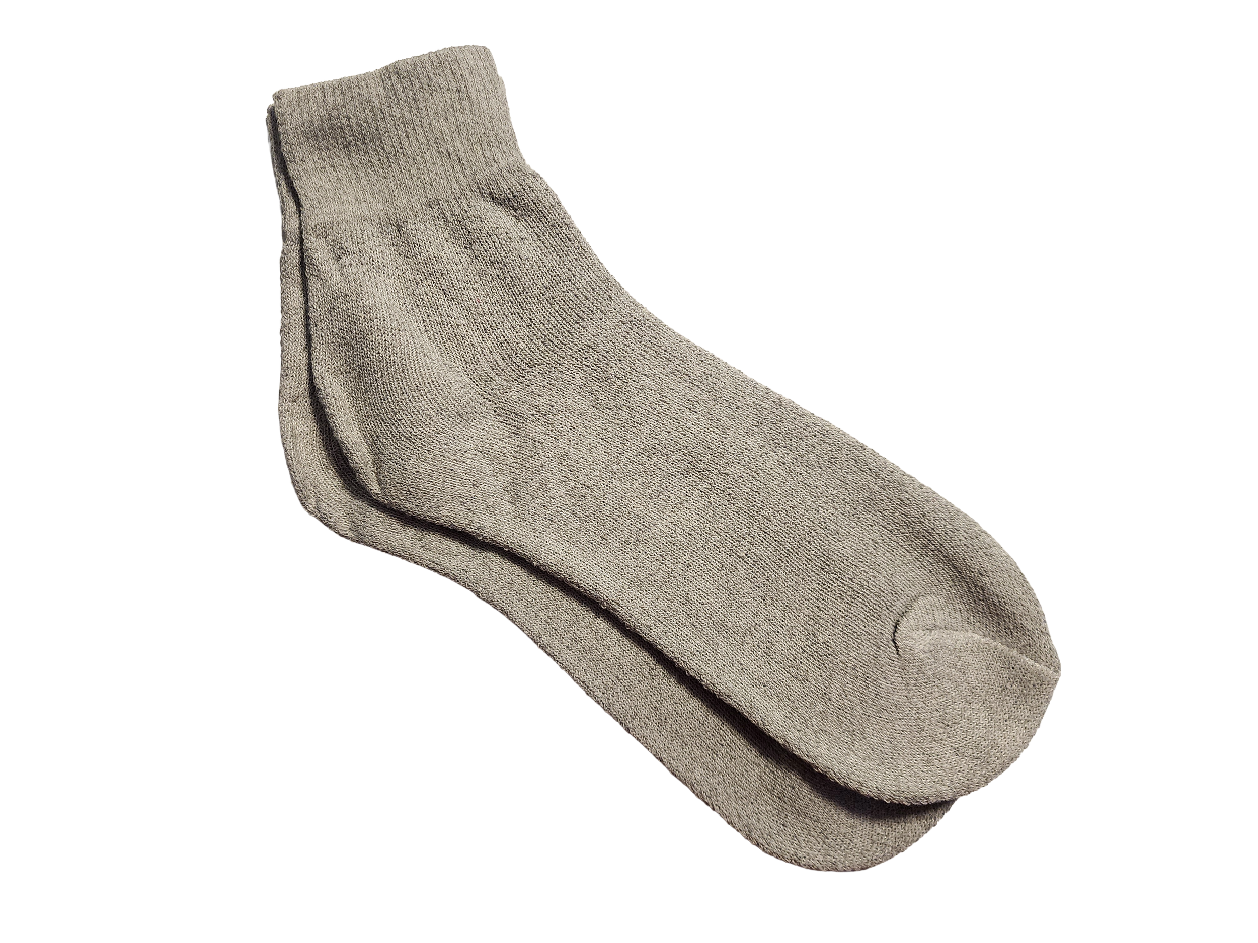 A single beige and gray sock shown from an aerial view.