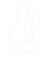 Simple white line drawing of a sitting dog with one eye closed on a black background