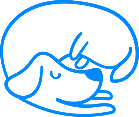 Line drawing of a person kissing a sleeping dog.