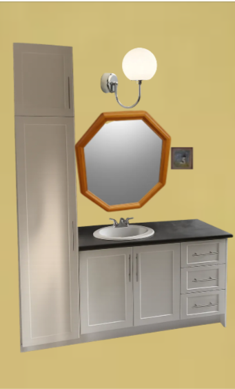 Bathroom vanity with a tall storage cabinet, a black countertop, a white sink, an octagonal mirror, and a wall-mounted light fixture on a yellow wall.