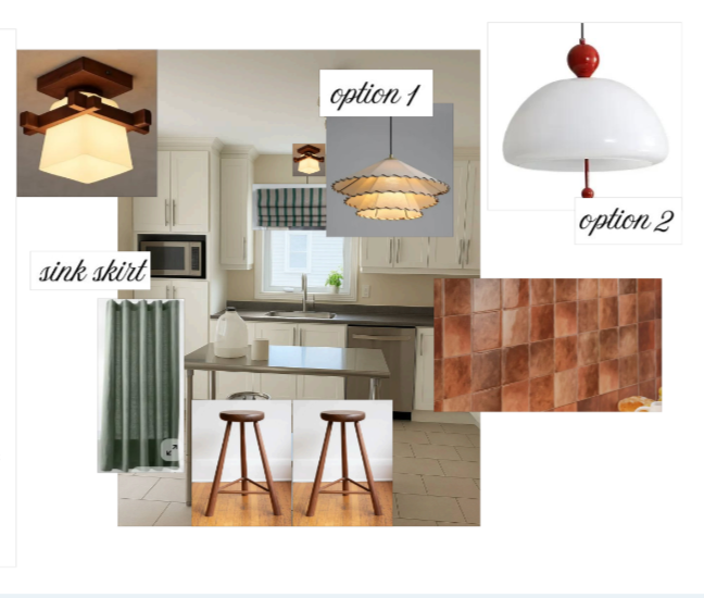 A collage showing kitchen interior options and decor. It includes three different ceiling light fixtures, a green curtain with a label 'sink skirt', a backsplash with brown tiles, and two wooden barstools.