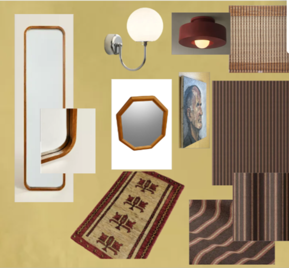 Various home decor items including a wall mirror, a wall sconce light, two ceiling lights, a framed portrait, a small octagonal mirror, a patterned rug, and several wooden and fabric wall panels and flooring samples.