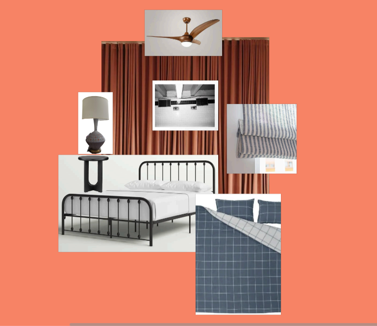 Collage of bedroom decor including a bed with black metal frame, striped curtains, a table lamp, a ceiling fan, black and white framed photograph, and blue plaid bedding, all set against a red-orange background.