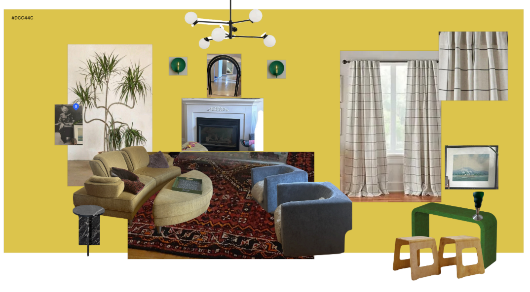 Interior of a living room with yellow walls, a fireplace, a large window with plaid curtains, a beige sectional sofa, blue armchairs, a rug with red and black patterns, a ceiling light fixture, a large plant, and framed artwork.